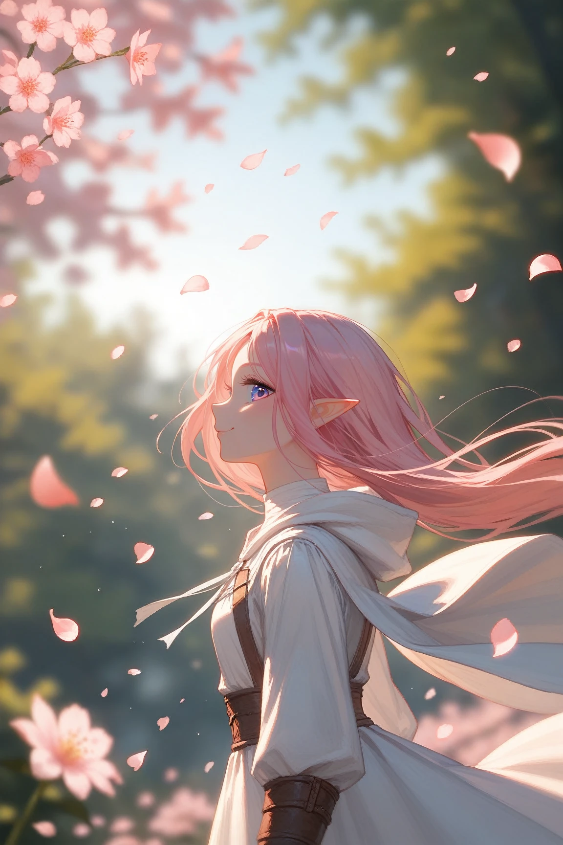 score_9, score_8_up, score_7_up, (masterpiece, UHD, 8K, 16K, ultra detailed), source_anime, sfw, (from below, profile), 1girl, elf girl, pink eyes, beautiful eyes, long hair, ponytail, pink hair, holding a pink flower, white tunic with hood, looking up to the sky, intricate details, (murmuring flower petals), (wind:1.3), (medieval fantasy), sakura forest background, (depth of field), bokeh, diffused light, dramatic ambient