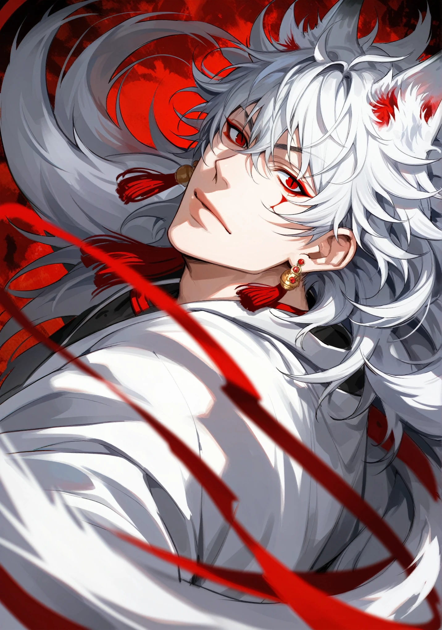 muksal,1boy,red eyes, solo, jewelry, tassel earrings, piercing, looking at viewer,dynamic angle,dynamic pose,correct proportions, handsome man, white hair with red tips, long hair, messy hair, wearing a yukata, Kitsune ears, kitsune tail with red tips, 9 tails, (red lanterns in background: 1.3), civid colors, (detailed face, detailed eyes), red beni eye makeup, slit pupils, proportional anatomy, majestic atmosphere, score_9,score_8_up,score_7_up,source_anime,