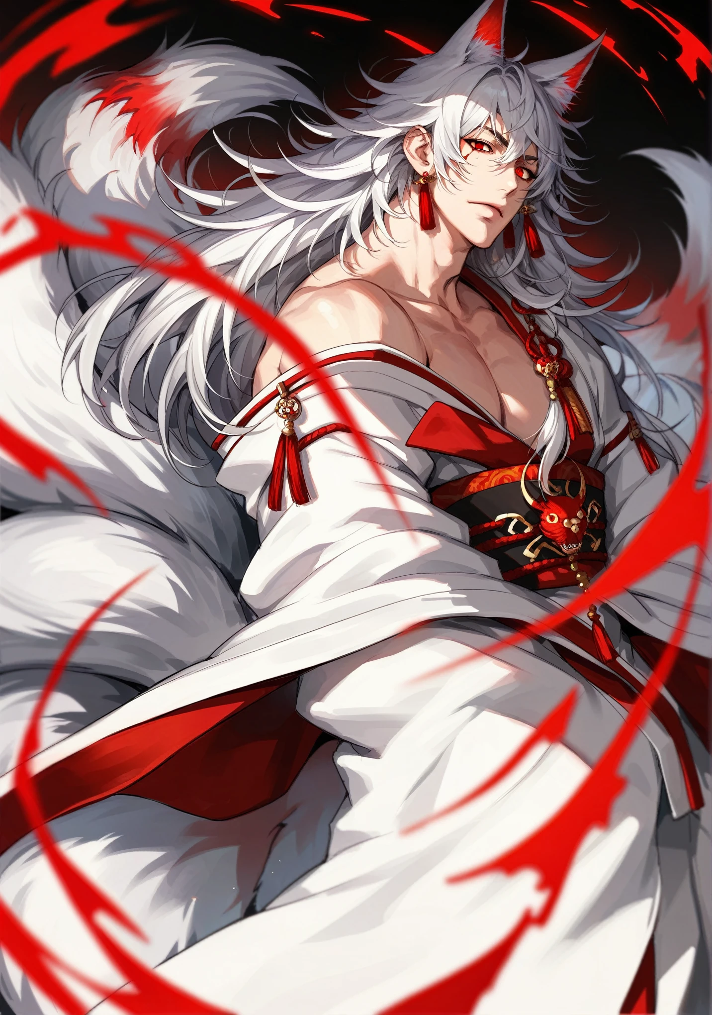 muksal,1boy,red eyes, solo, jewelry, tassel earrings, piercing, looking at viewer,dynamic angle,dynamic pose,correct proportions, handsome man, white hair with red tips, long hair, messy hair, wearing a yukata, Kitsune ears, kitsune tail with red tips, 9 tails, (red lanterns in background: 1.3), civid colors, (detailed face, detailed eyes), red beni eye makeup, slit pupils, proportional anatomy, majestic atmosphere, score_9,score_8_up,score_7_up,source_anime,