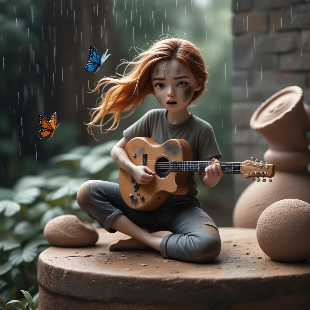 (best quality:1.2),ultra-light Clay, Clay, Pottery,  distressed, dirty, mineral pigments, 3D Clay sculpture art, Clay sculpture, Rough surface, (artwork，A band of tall scarecrows singing in the fields。Holding the microphone，Guitar，Long legs，Interesting concept art,)，Colorful butterflies in the air,Bokeh，Soft and beautiful picture，Rainy Day，dew