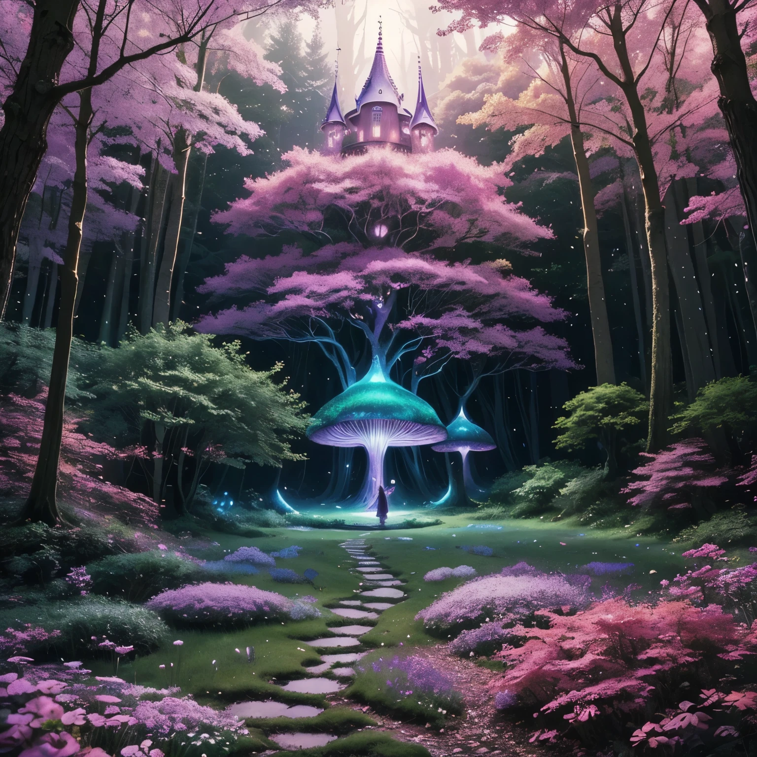 A dreamlike fantasy landscape, a surreal forest with glowing mushrooms, floating islands, and a whimsical castle in the distance, 1girl, detailed face, beautiful eyes, long hair, detailed dress, walking through the mystical scenery, (best quality,4k,8k,highres,masterpiece:1.2),ultra-detailed,(realistic,photorealistic,photo-realistic:1.37),fantasy,surreal,dreamscape,magical,ethereal,glowing,vibrant colors,dramatic lighting