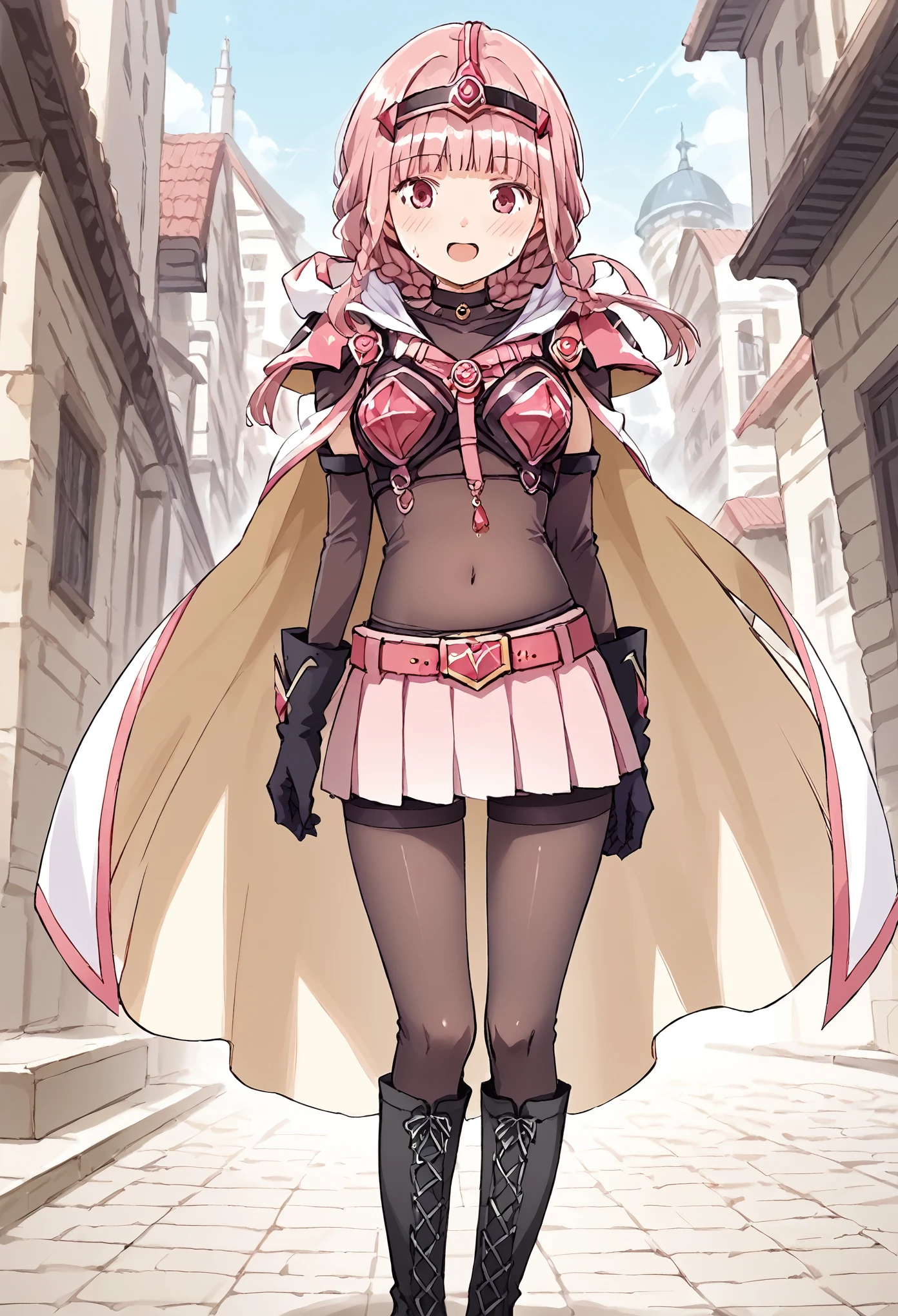 Tiefling, Girl 19 years old, light skin, A lot of growth, pink eyes, little devil horns, white raincoat, thin pink tail, Clear face, Worked hands, full length, goddess, revealing underwear, square hairstyle