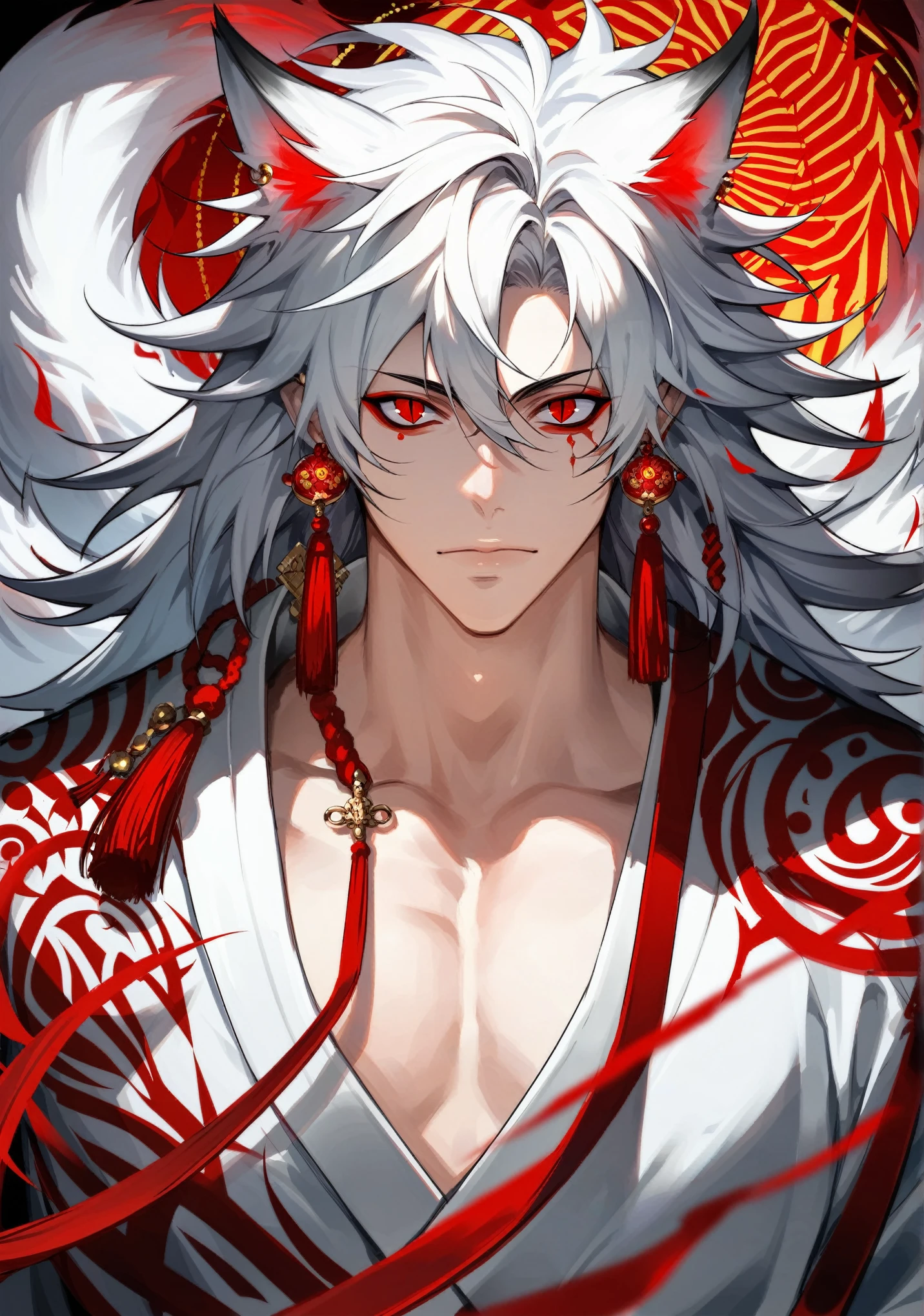 muksal,1boy,red eyes, solo, jewelry, tassel earrings, piercing, looking at viewer,dynamic angle,dynamic pose,correct proportions, handsome man, white hair with red tips, long hair, messy hair, wearing a yukata, Kitsune ears, kitsune tail with red tips, 9 tails, (red lanterns in background: 1.3), civid colors, (detailed face, detailed eyes), red beni eye makeup, slit pupils, proportional anatomy, majestic atmosphere, score_9,score_8_up,score_7_up,source_anime,