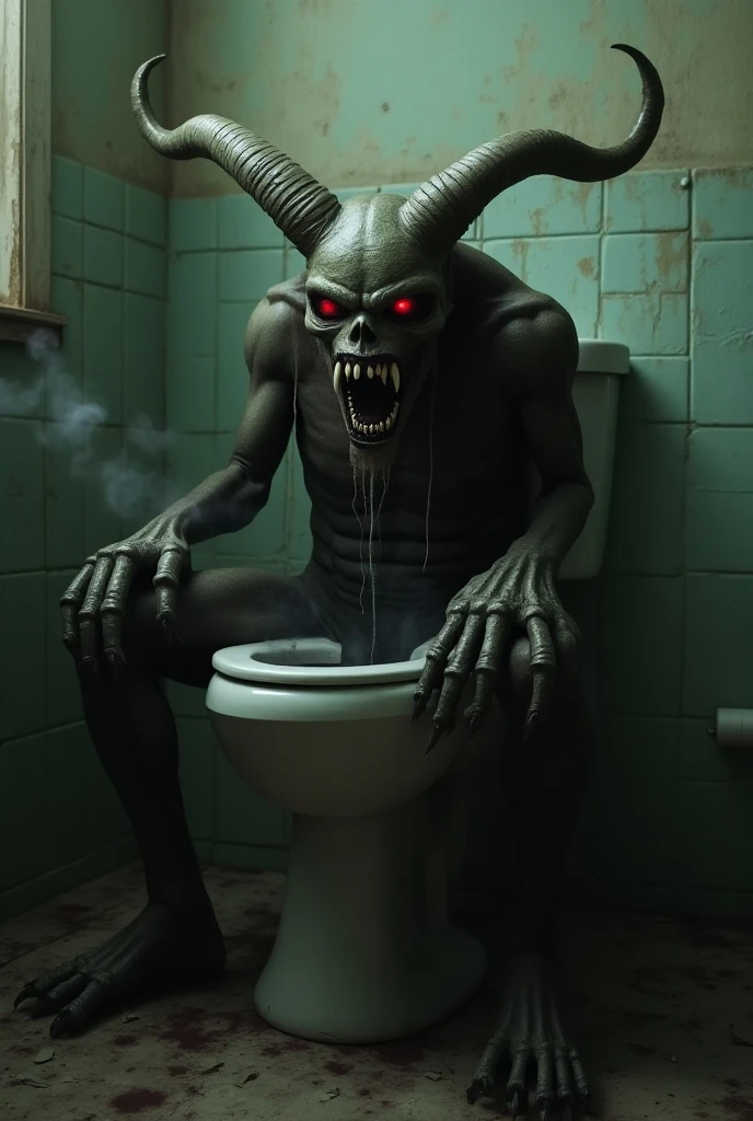 (Realistic, intricate details:1.37): A fearsome demon with large, curved horns and terrifyingly long nails, lurking in a dark, abandoned bathroom. The bathroom is grimy and disheveled, with dirty tiles and moldy corners. The demon’s face is adorned with a twisted smile and glowing eyes. (Digital painting, concept art, sharp focus).