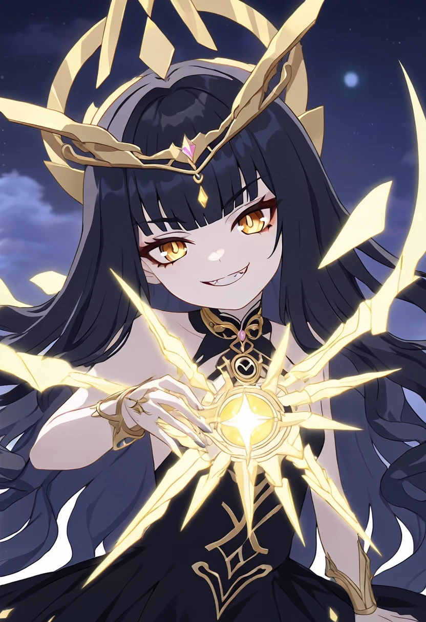 Melusine,Genshin Impact, resembling a goddess of the night. She has long wavy black hair adorned with a simple yet luxurious golden headdress with embedded gems. She has golden eyes, fair skin, and wears a flowing black dress with gold accents. Her expression is wicked and cunning, with a sinister smile. A golden aura surrounds her, as if she is casting a spell, with sparkling diamond-like glimmers around her body, enhancing her mystical and enchanting presence. The background is set at night, with a dark sky and moonlight casting a magical glow.