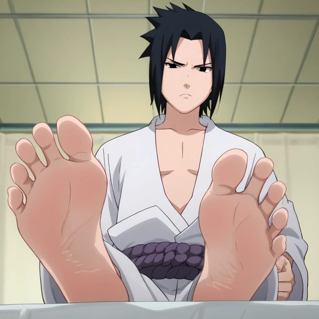 score_9, score_8_up, source_anime,
1boy, Sasuke Uchiha, black hair, short spiky hair, dark eyes, navy blue high-collar shirt, clenched hands, alone, looking at viewer, serious expression, sitting at the bed, cowboy shot, ANIME SCREENCAP, anime coloring, in the hospital, barefoot, perfect feet, anatomically correct, soles, low angle, focal length 35mm, each foot has five toes, front, symmetrical soles, foot focus