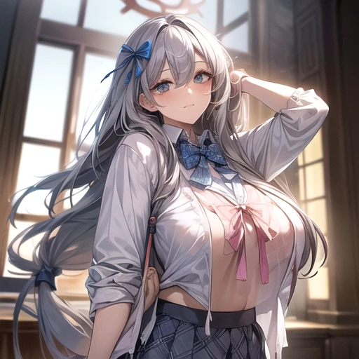 (masterpiece:1.2, top quality), (actual, photoactual:1.4), Beautiful illustration,
looking at the audience, whole body, Front view:0.6,
1 girl, Japanese, high School girl, (long hair:1.5), blow dry hair, (Half up, half down, Half up, half downdo), Bangs, hair between eyes, big breasts:0.8,
beautiful hair, pretty face, Beautiful and delicate eyes, Beautiful collarbone, beautiful body, beautiful breasts, Beautiful thighs, beautiful legs, beautiful fingers,
(Beautiful scenery), , School,
((Collared short-sleeved shirt, White shirt, School uniform, Gray plaid pleated skirt, blue plaid bow tie)), White,
(Permanently installed, , lift up skirt, Grab the hem of the skirt, Put your hands on your chest, hand clamped),
blush, ,