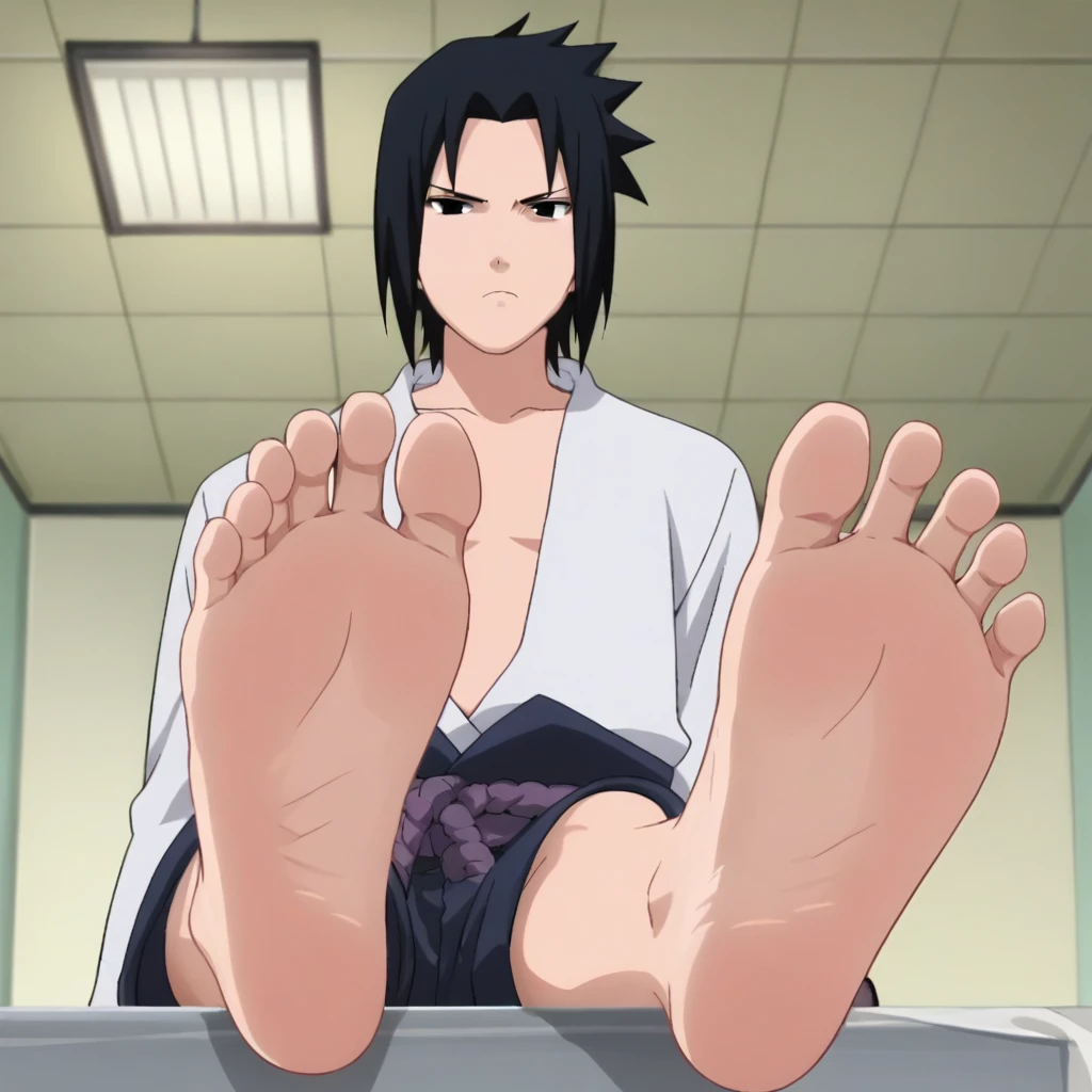 score_9, score_8_up, source_anime,
1boy, Sasuke Uchiha, black hair, short spiky hair, dark eyes, navy blue high-collar shirt, clenched hands, alone, looking at viewer, serious expression, sitting at the bed, cowboy shot, ANIME SCREENCAP, anime coloring, in the hospital, barefoot, perfect feet, anatomically correct, soles, low angle, focal length 35mm, each foot has five toes, front, symmetrical soles, foot focus