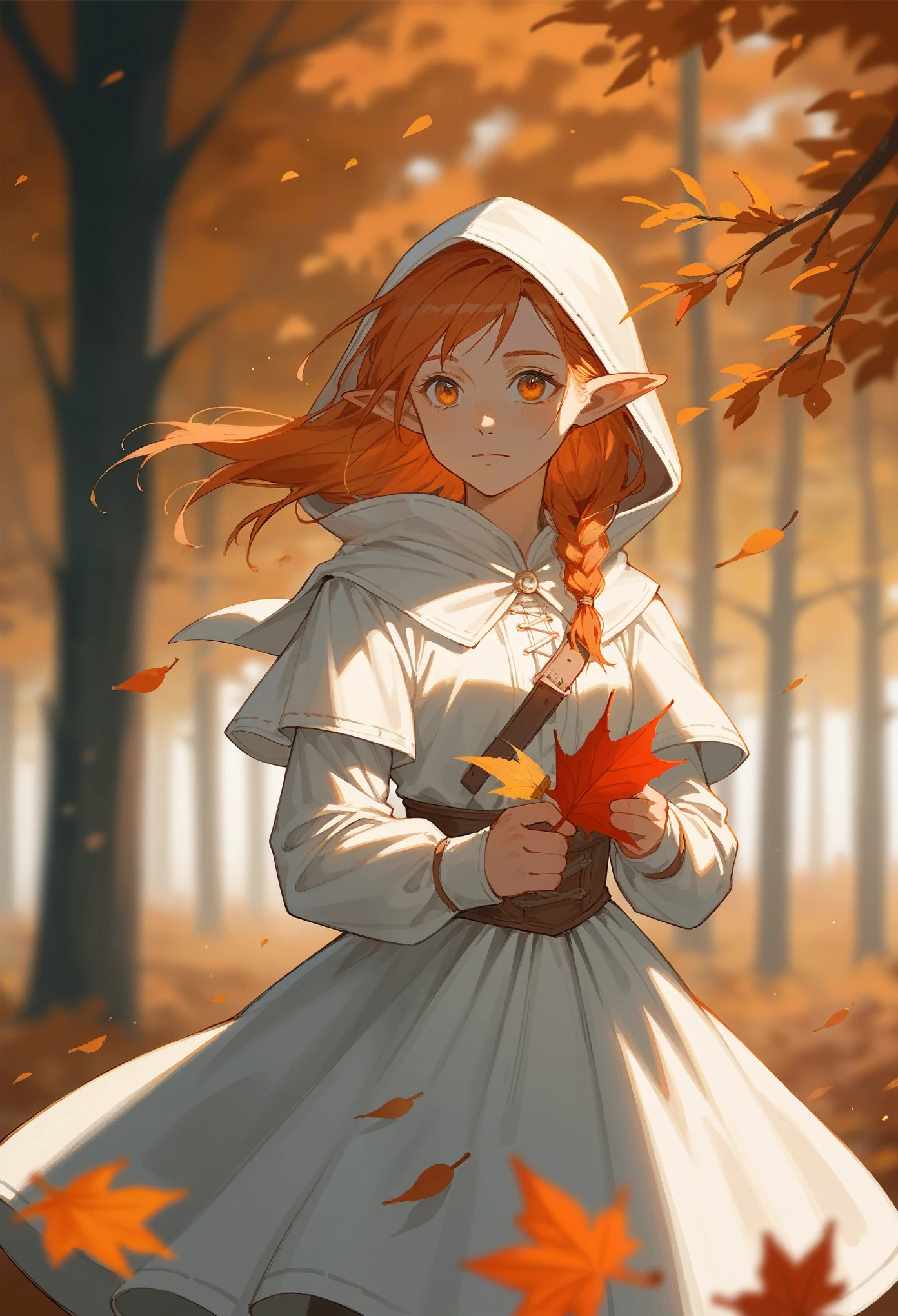 score_9, score_8_up, score_7_up, (masterpiece, UHD, 8K, 16K, ultra detailed), sfw, upperbody shot, 1girl, elf, orange eyes, one side braided hair, ginger hair, holding a red leaf, white dress with hood, intricate details, (murmuring leaves), (wind:1.2), (medieval fantasy), autumn forest background, (depth of field), bokeh, diffused light, dramatic ambient