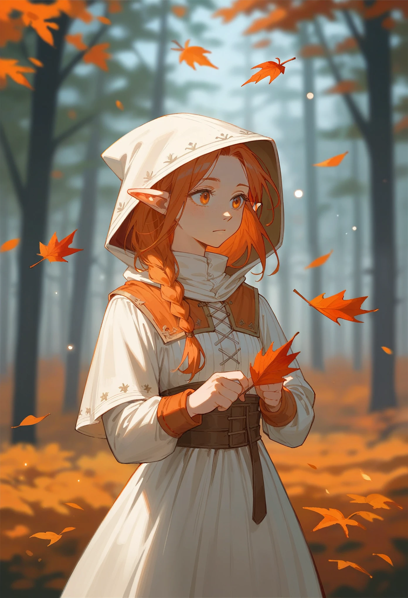 score_9, score_8_up, score_7_up, (masterpiece, UHD, 8K, 16K, ultra detailed), sfw, upperbody shot, 1girl, elf, orange eyes, one side braided hair, ginger hair, holding a red leaf, white dress with hood, intricate details, (murmuring leaves), (wind:1.2), (medieval fantasy), autumn forest background, (depth of field), bokeh, diffused light, dramatic ambient