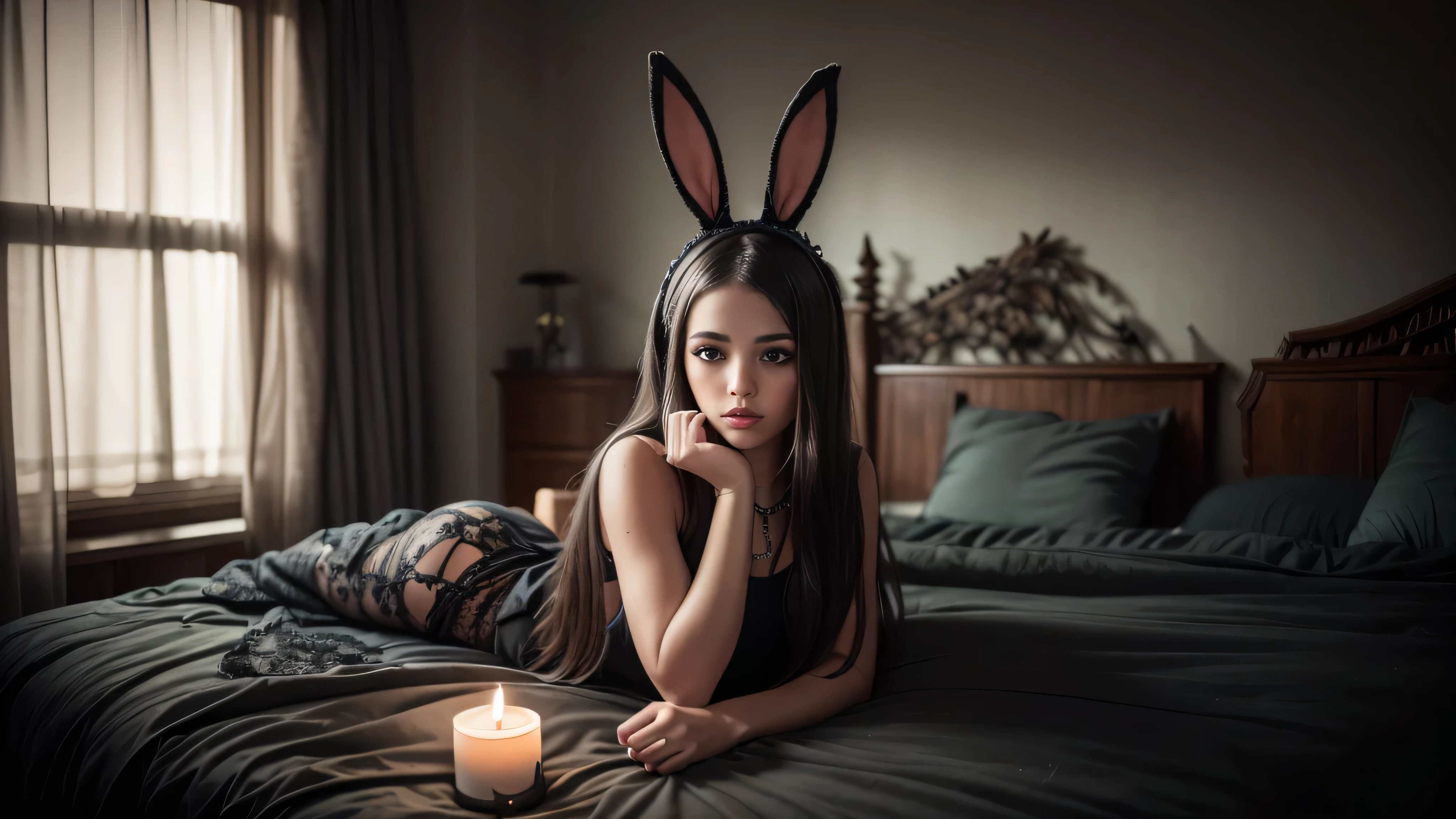 Cowboy shot, young girl, A beautiful girl with long black hair in a candle lit dark room, wearing sexy black bunny ears, striking a playful pose, serene expression, detailed facial features, beautiful lips, delicate skin, soft lighting, cinematic composition, dark atmospheric background, dreamlike, elegant, highly detailed, photorealistic, 8K, best quality, gothic bedroom background, Dark castle bedroom, candle lit. 