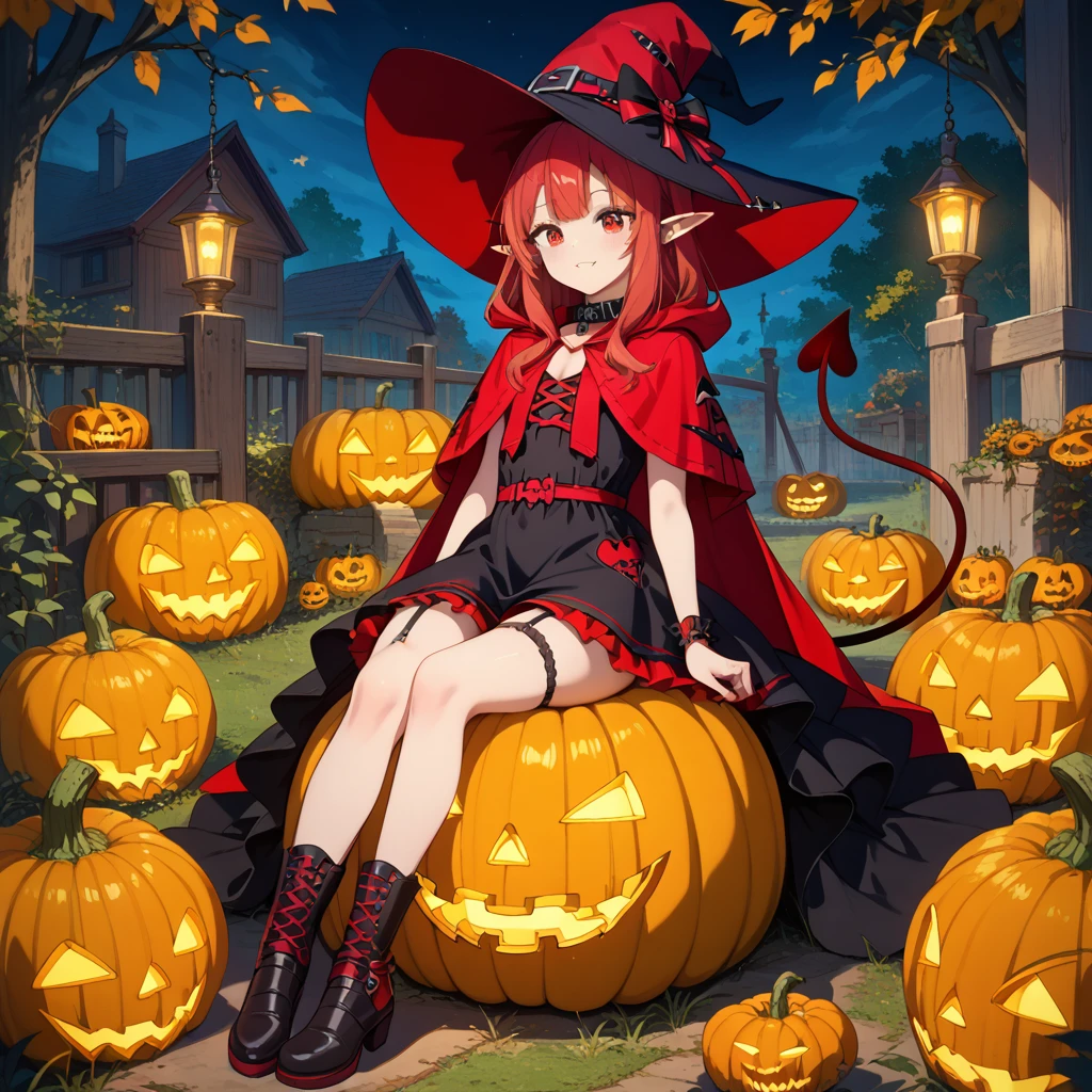 ( Kampala,,)（garden）（Full body view） 1girl(( characters: Red Hood  ) (Red Hair、Elf Ears、（ devil's tail ）、Sunburn:2.5、)（ gothic dress,Witch Hat, garter belt, short boots,） ( sits on top of a giant jack-o-lantern）