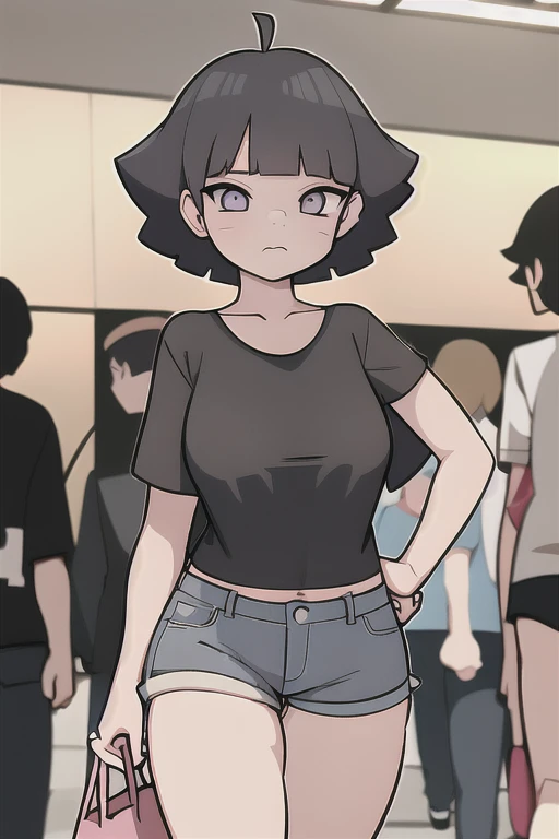 Himawari with big breasts and big ass, wearing an extremely small black shirt with a big neckline and extremely small denim shorts while walking in the mall