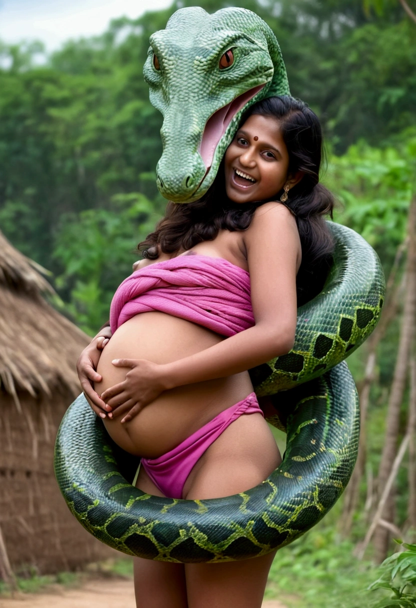 Pregnant topless aroused  horny beautiful smiling  happy very young indian teen  girl  wearing pink bikini vs Giant colossal  green Kaa   monster wrapped around her body squeezing her in coiled embrace cuddling and kissing sexual erotic bestiality sex realistic in the village snake pit full body, best quality wet  nsfw  mating raw uncensored nsfw