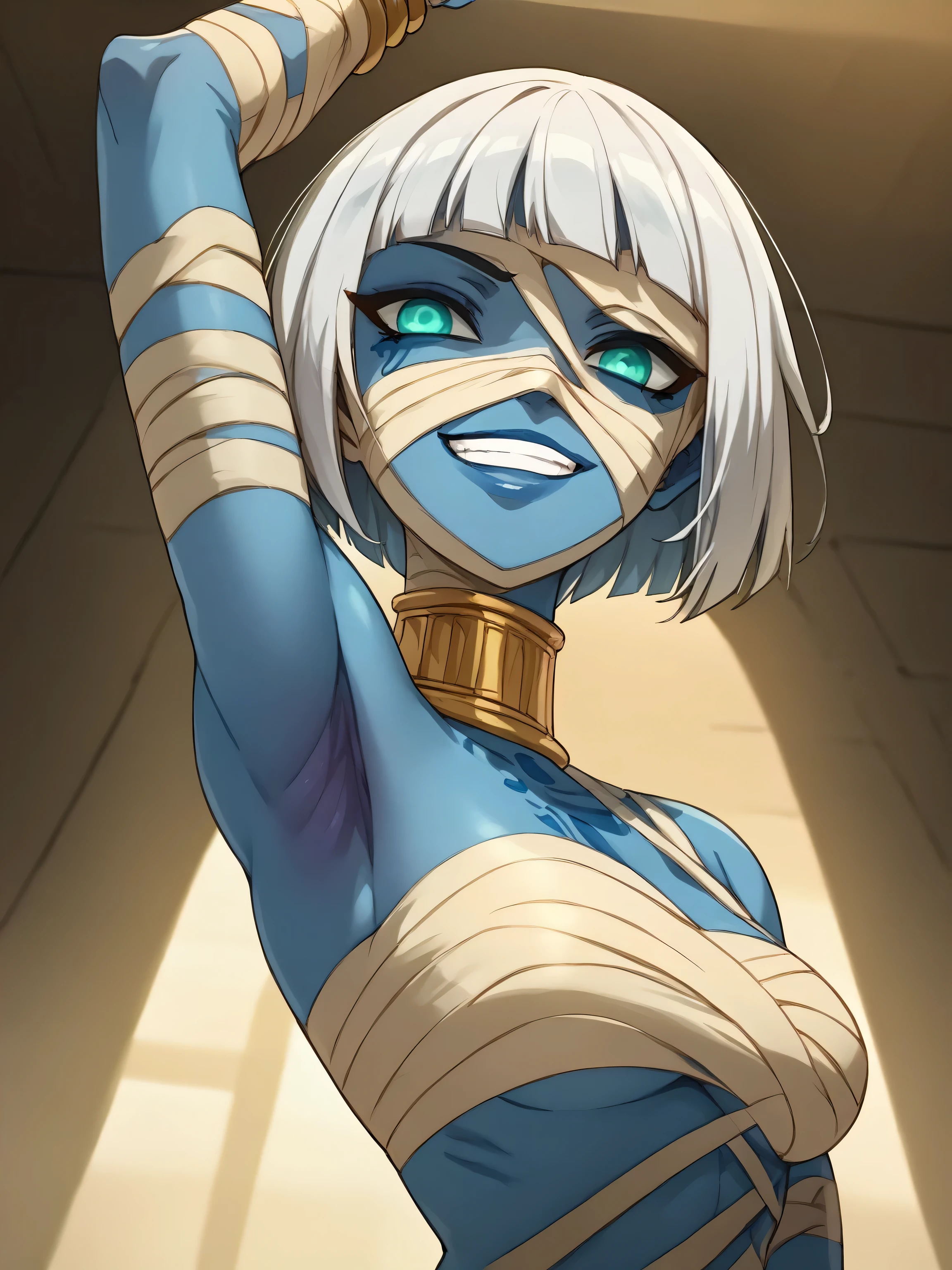 score_9, score_8_up, score_7_up, source_anime, anime screencap, 1girl, solo, mummygirl, white hair, short hair, bangs, bob cut, cyan eyes, bandages, blue skin, colored skin, neck ring, mummy, looking at viewer, head towards viewer, eye contact with viewer, arm up, raised arm, armpit, evil smile, grin, Egyptian tomb, dungeon, from side, from below 