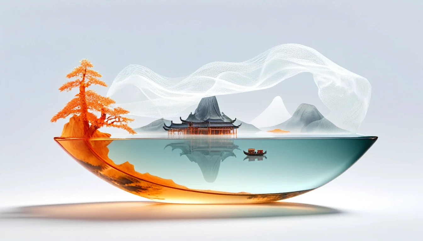 Minimalism, large areas of white space, mountain-shaped water reflection, perspective aesthetics, light orange, soft gradient colors, a minimalist painting from ancient China, a small transparent boat model, macro zoom, veil, veil material , pure white background, artistic ink design, depth of field --no black --ar,4k,Ultra HD