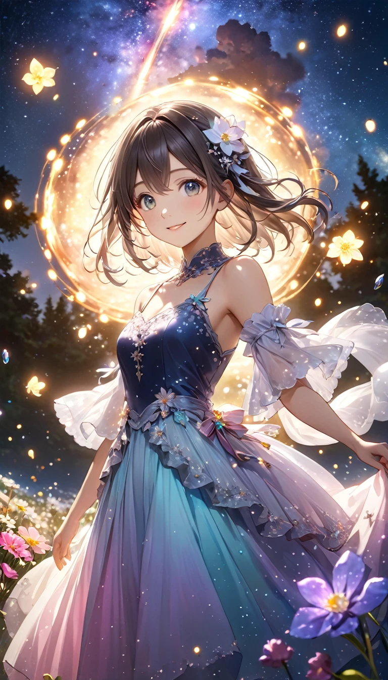 Best Quality, Best Quality, 8k,  very detailed, 2.5D, Delicate and dynamic, Fireflies flying around emitting small lights,  Knight , Starry Sky, milky way, nebula, meteor, flower,,smile, Delicate eye depiction,  Healthy body shape, カラフルなflower飾り,  Crystal Clear Dress, Colorful long dresses, 