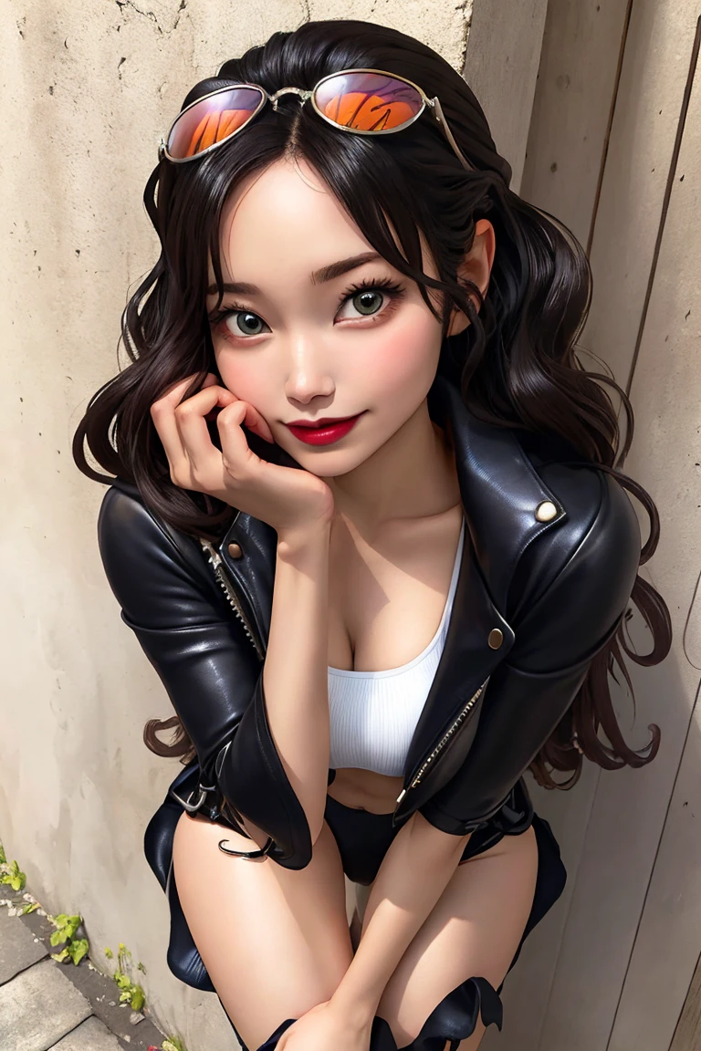 Create a vibrant and lively full-body portrait of Nico Robin from One Piece leaning forward the camera at 90 degree angle face zoom in on top part of her body, Blue eyes, slender figure at 6'2" (188 cm) with an hourglass shape. She has long, wavy black hair that cascades past her shoulders and dark brown eyes, complemented by a light skin tone. Dress her a short leather jacket with long sleeves and a dynamic design that exudes both style and practicality, paired with a black bikini bottom that highlights Robin’s confidence and strength. The jacket, adorned with white band on her arms, brings a sense of revolution and vibrancy. Add playful accessories like sunglasses resting on her head. In the lively art style of the One Piece anime.