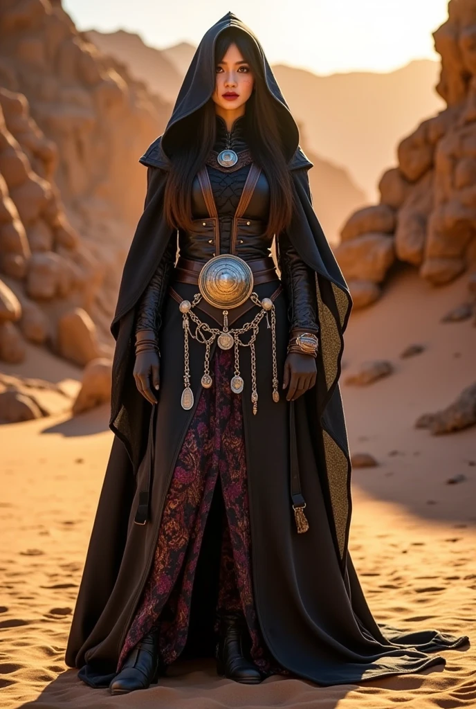 Full-body shot of a mysterious Halloween character inspired by a mystical desert figure. The character is dressed in a flowing, black robe with intricate patterns, a large hood that hides their face in shadow, and dark gloves. A prominent, ornate belt with a large circular emblem adorns their waist, adding an ancient, magical touch. Chains and mystical charms subtly enhance the outfit's mysterious vibe. The background is a vast, sandy desert with rugged cliffs and warm, golden lighting that casts long shadows, creating an atmosphere of enigma and mysticism. Cinematic, high-detail shot, with an emphasis on the dark, mystical ambiance of the desert setting."
