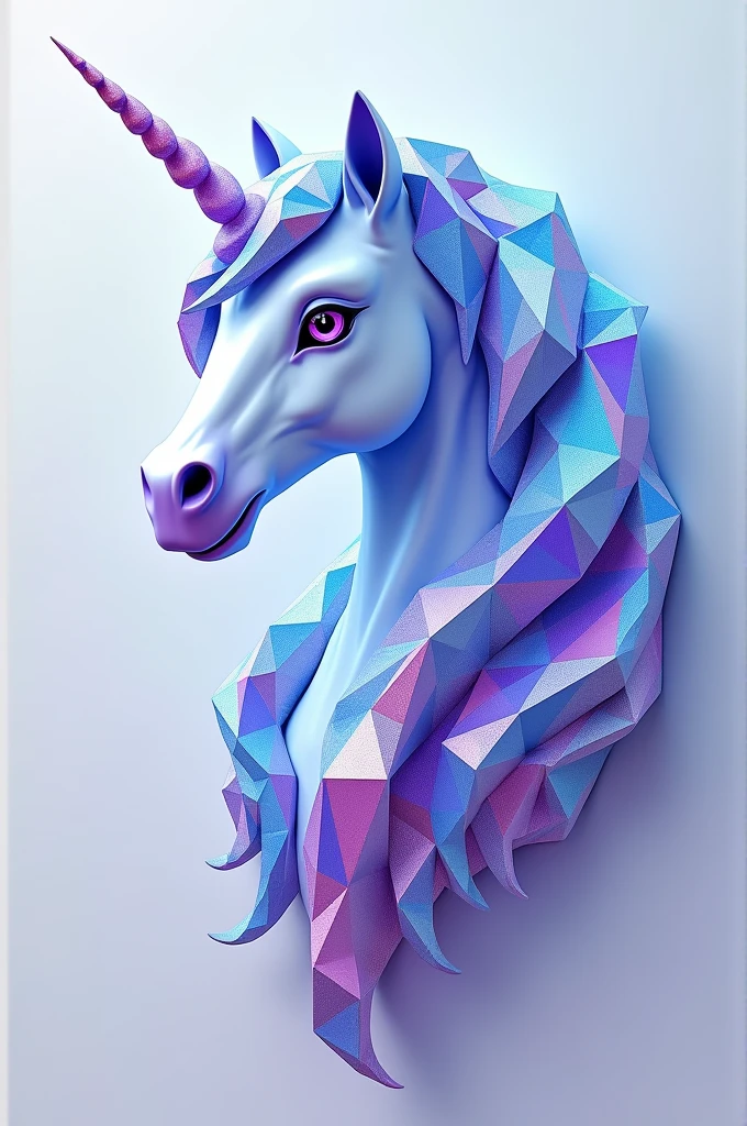  Unicorn Head 3d long hair light blue, purple blue ,  violet mosaic cubism 