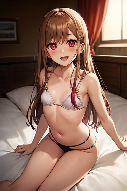 ((Best Quality)), ((masterpiece)), (be familiar with),  perfect face, indoor, bedroom,  watching viewers ,
One woman,  Kitakawa Kaiumi,
 open mouth , Ecstatic expression, blush, smile,
Small breasts,  flat chest, , ,  s, Girl,
Long Hair,  long hair,
Leg spread,