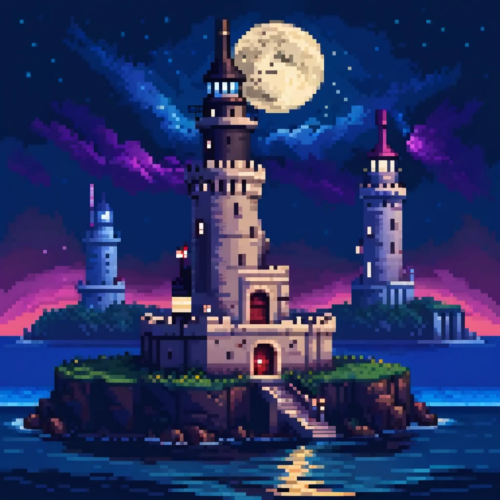 {"prompt": "An 8-bit style image of two characters inspired by Polat Alemdar and Elif standing together in front of the Maiden's Tower (Kız Kulesi) at night. The moon is shining brightly over the sea, creating reflections on the water. The characters have classic 8-bit pixelated features, wearing simple yet recognizable outfits that suggest a close relationship. The scene is set with a dark, starry sky, and the moonlight adds a serene, romantic glow to the surroundings. The Maiden's Tower is detailed but pixelated, matching the retro video game style. ", "size": "1024x1024"}