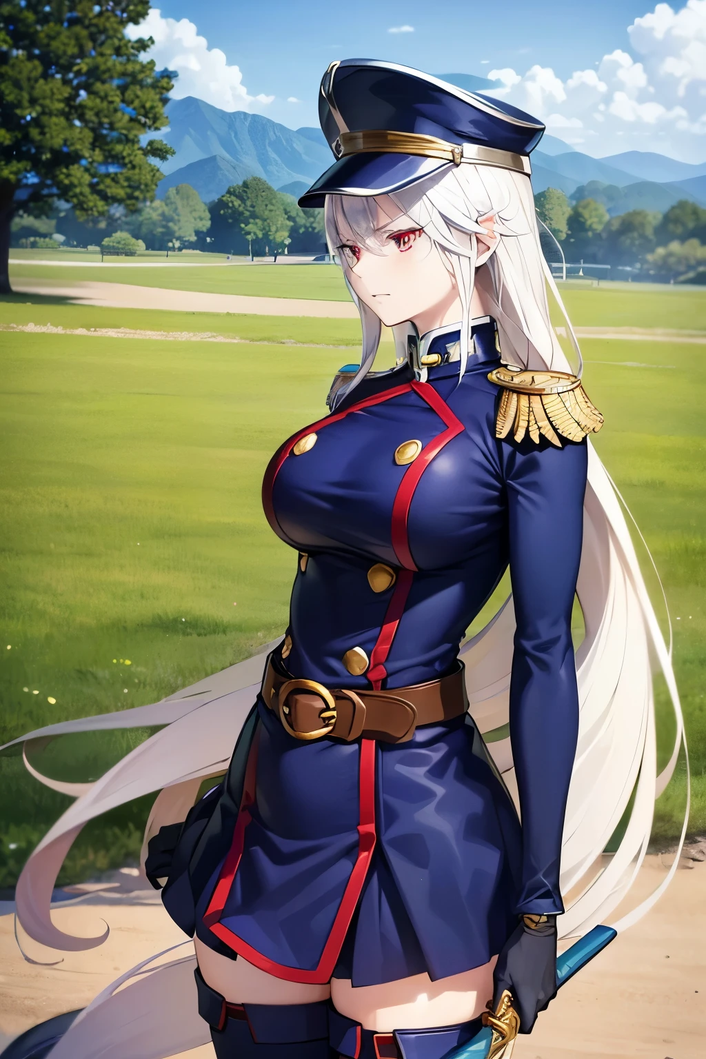 gros seins, jambes grasses, ((perfect eyes)), (side view), (extremely fine and beautiful:1.1), (perfect details:1.1), (finely detailed eyes and detailed face:1.3), ((uzen kyouka)), demon slave, outdoors, blue sky, long hair, (red eyes:1.3), white hair, BREAK thighhighs, gloves, hat, boots, belt, sword, uniform, zettai ryouiki, military, military uniform, thigh boots, shako cap,