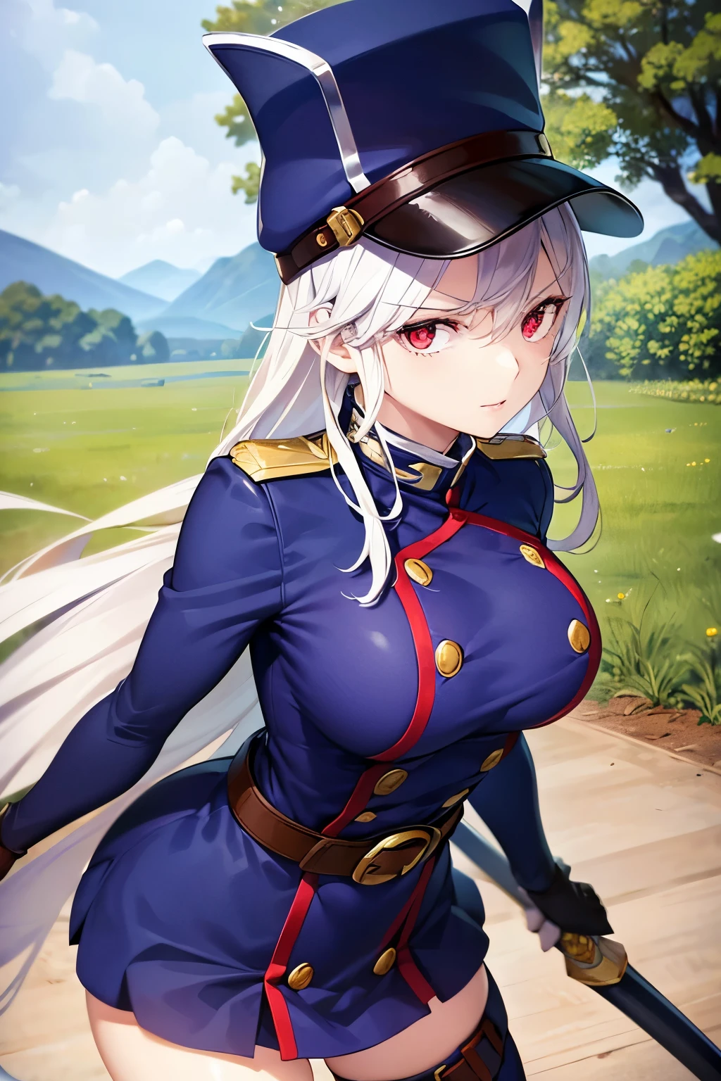 gros seins, jambes grasses, ((perfect eyes)), (side view), (extremely fine and beautiful:1.1), (perfect details:1.1), (finely detailed eyes and detailed face:1.3), ((uzen kyouka)), demon slave, outdoors, blue sky, long hair, (red eyes:1.3), white hair, BREAK thighhighs, gloves, hat, boots, belt, sword, uniform, zettai ryouiki, military, military uniform, thigh boots, shako cap, shining clothes