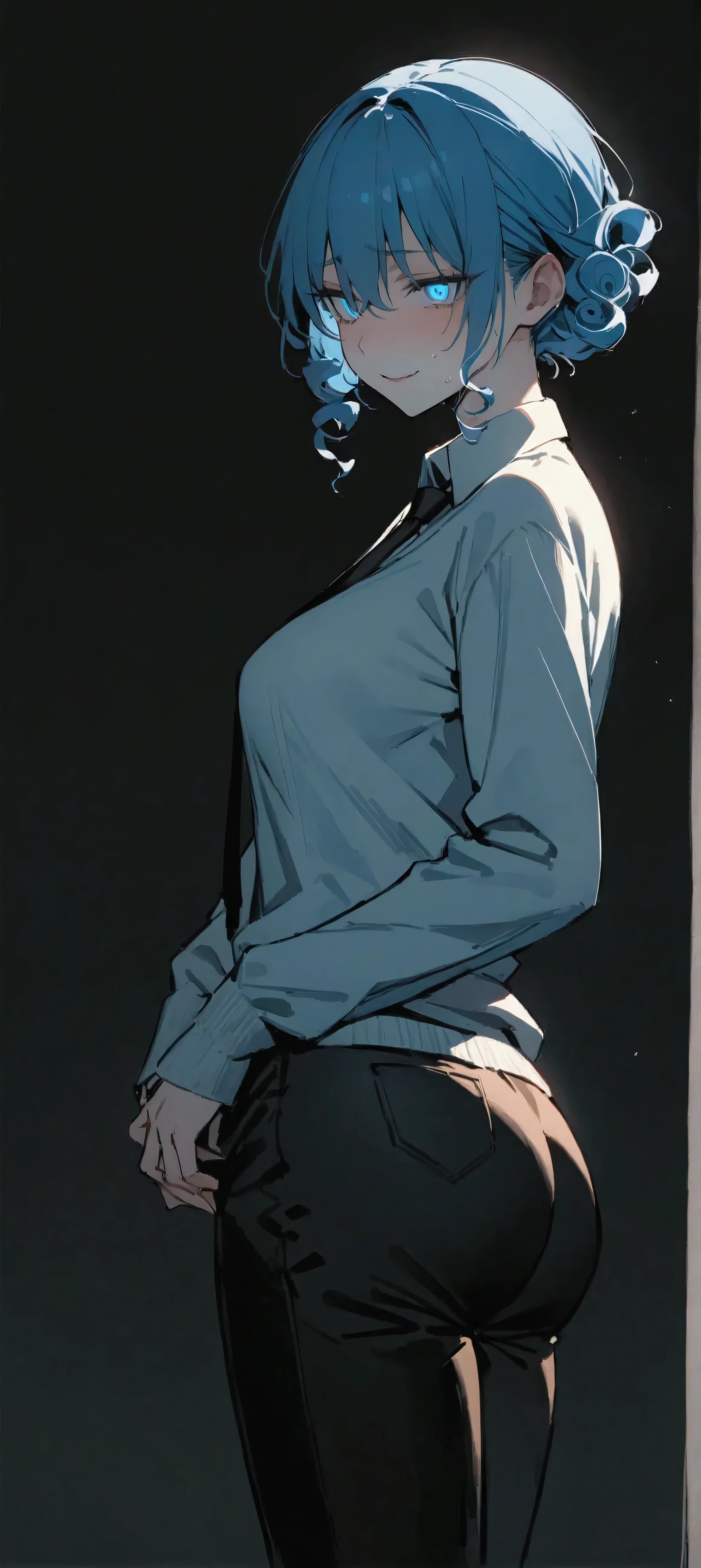 ( masterpiece :1.2, the best quality), 1 woman, upper body, long sweater down to her buttocks, black pants ,black tie, casual, medium breasts, blue hair, curly, Minimalist makeup,pale,natural fabrics, Close-up of the face, wicked smile , eyes heteroctomy bright circular pupils ,8k high resolution, detailed lines, (( full body )), Dark background , tired with dark circles