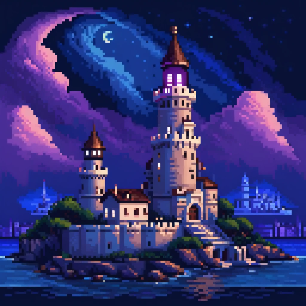 {"prompt": "An 8-bit style image of two characters inspired by Polat Alemdar and Elif standing together in front of the Maiden's Tower (Kız Kulesi) at night. }