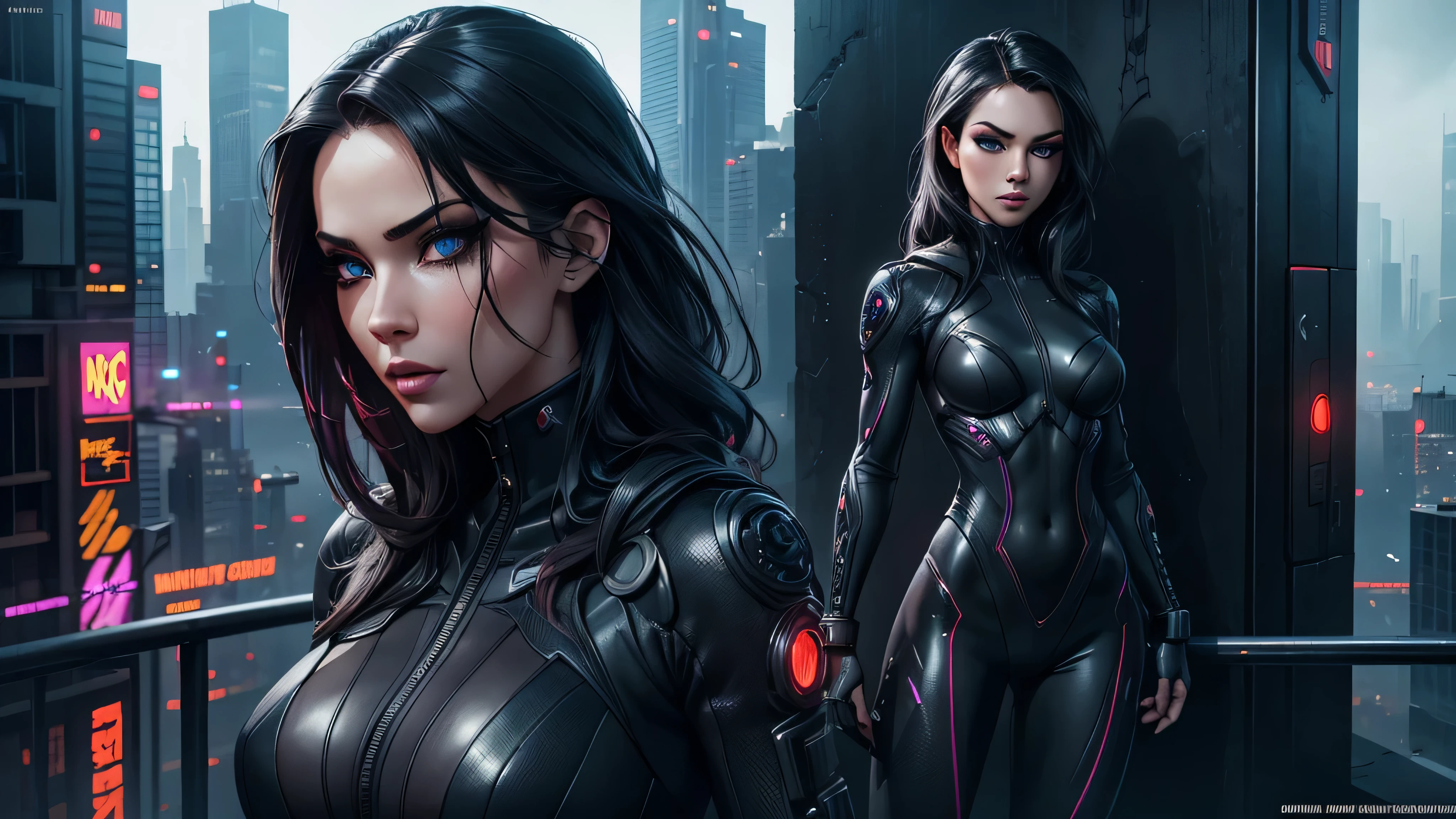 a gorgeous woman, ninja, ninja suit, full body, standing, overlooking a cyberpunk city, beautiful eyes, beautiful detailed lips, extremely detailed face and eyes, long eyelashes, mysterious expression, dramatic lighting, vibrant colors, cinematic composition, intricate details, hyper-realistic, digital art, photorealistic, 8k, best quality, masterpiece
