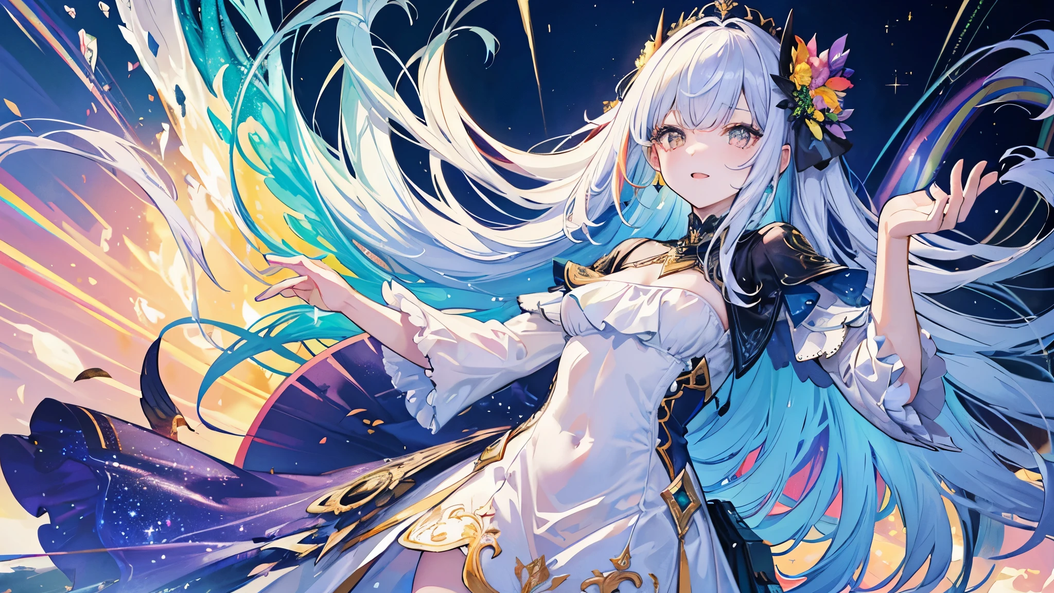 (Masterpiece: 1.4), (Best Quality: 1.4), (Chibi: 1.3), (Very Cute Angel Girl, Super Detailed Face, Jewel-like Eyes, White Very Long Hair, Colorful Gradient Hair: 1.4), (Angel Ring:
1.4), (Angel Wings: 1.4), (Full body, perfect 2 arms, perfect 2 legs: 1.4), Perfect 4 fingers: 1 thumb, light, shine, bokeh, super fine