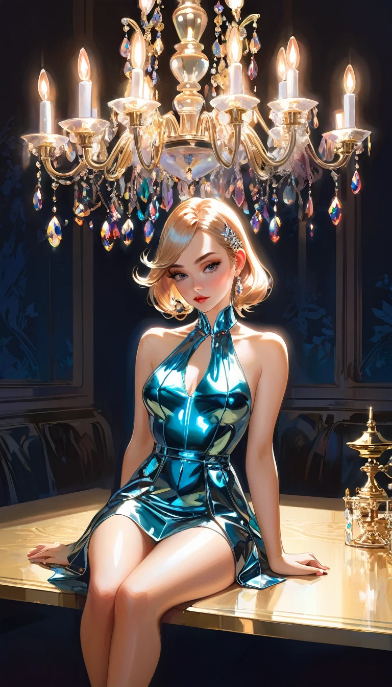 a painting of a woman sitting on a table with a chandelier, neoartcore and charlie bowater, style of hajime sorayama, inspired by hajime sorayama, alphonse mucha and rossdraws, anna dittmann alberto vargas, cushart krenz key art feminine, hajime sorayama designed girl, loish and wlop
