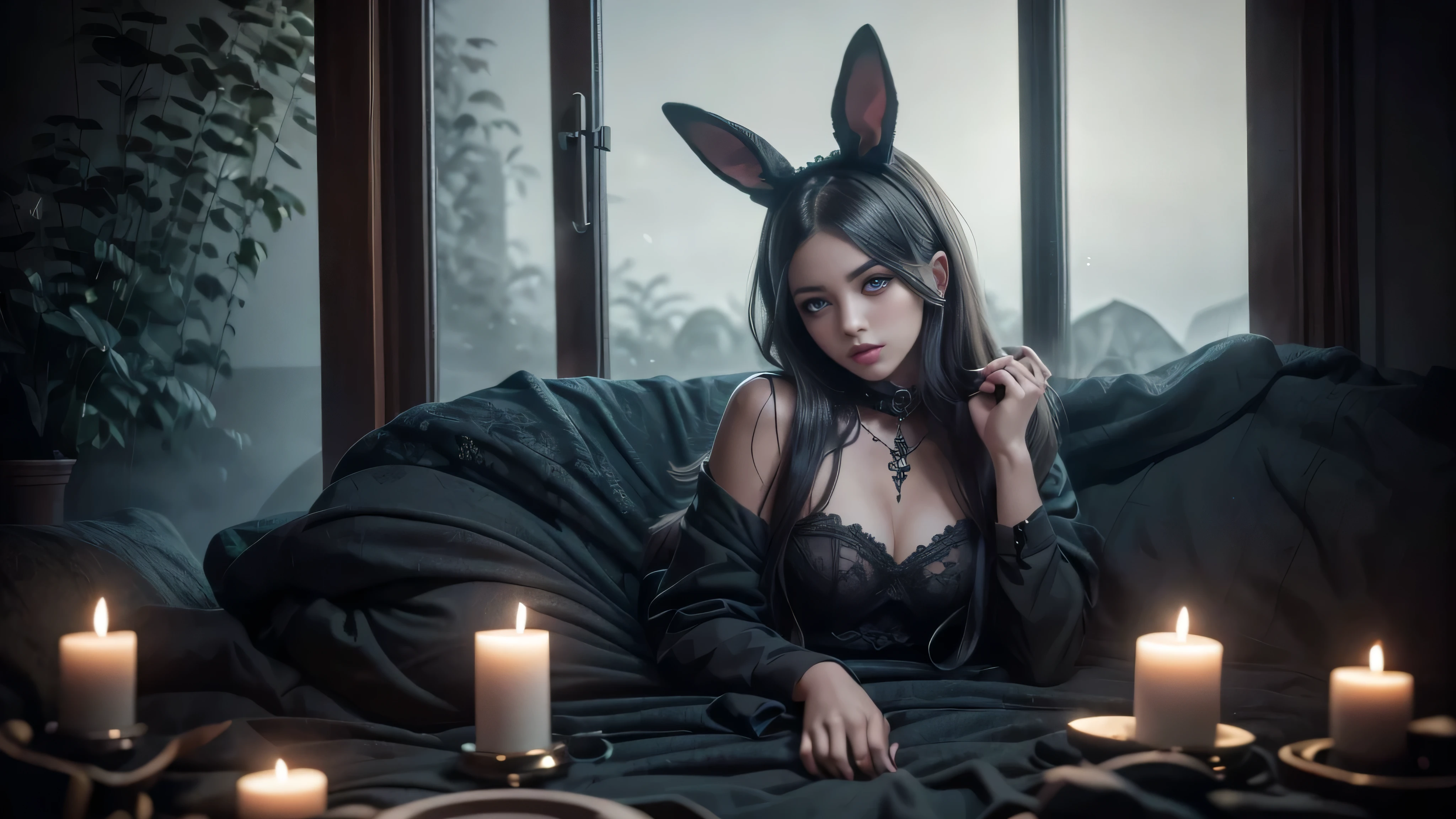Cowboy shot, young girl, A beautiful girl with long black hair in a candle lit dark room, wearing sexy black bunny ears, striking a playful pose, serene expression, detailed facial features, beautiful lips, delicate skin, soft lighting, cinematic composition, dark atmospheric background, dreamlike, elegant, highly detailed, photorealistic, 8K, best quality, gothic bedroom background, Dark castle bedroom, candle lit.