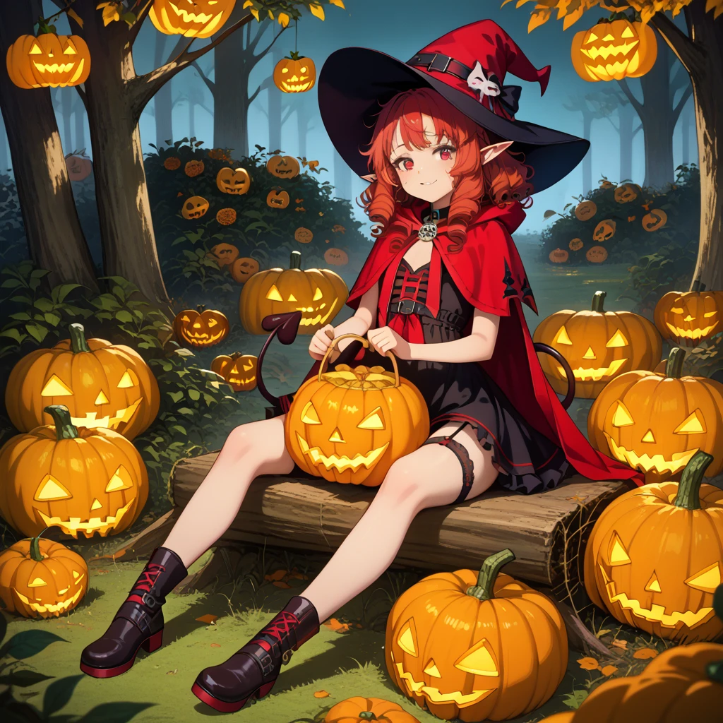 ( Kampala,,)（garden）（Full body view） 1girl(( characters: Red Hood  ) (Red Hair,Curly hair、Elf Ears、（ devil's tail ）、Sunburn:2.5、)（ gothic dress,Witch Hat, garter belt, short boots,） ( sits on top of a giant jack-o-lantern）((holding　Jack o lantern))