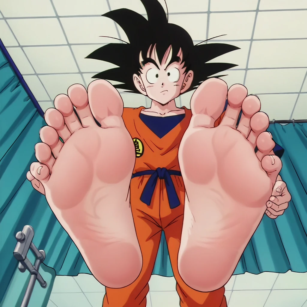 score_9, score_8_up, source_anime,
1boy, Goku, alone, looking at viewer, cowboy shot, ANIME SCREENCAP, anime coloring, sitted, in the hospital, barefoot, perfect feet, anatomically correct, soles, low angle, focal length 35mm, each foot has five toes, front, symmetrical soles, foot focus