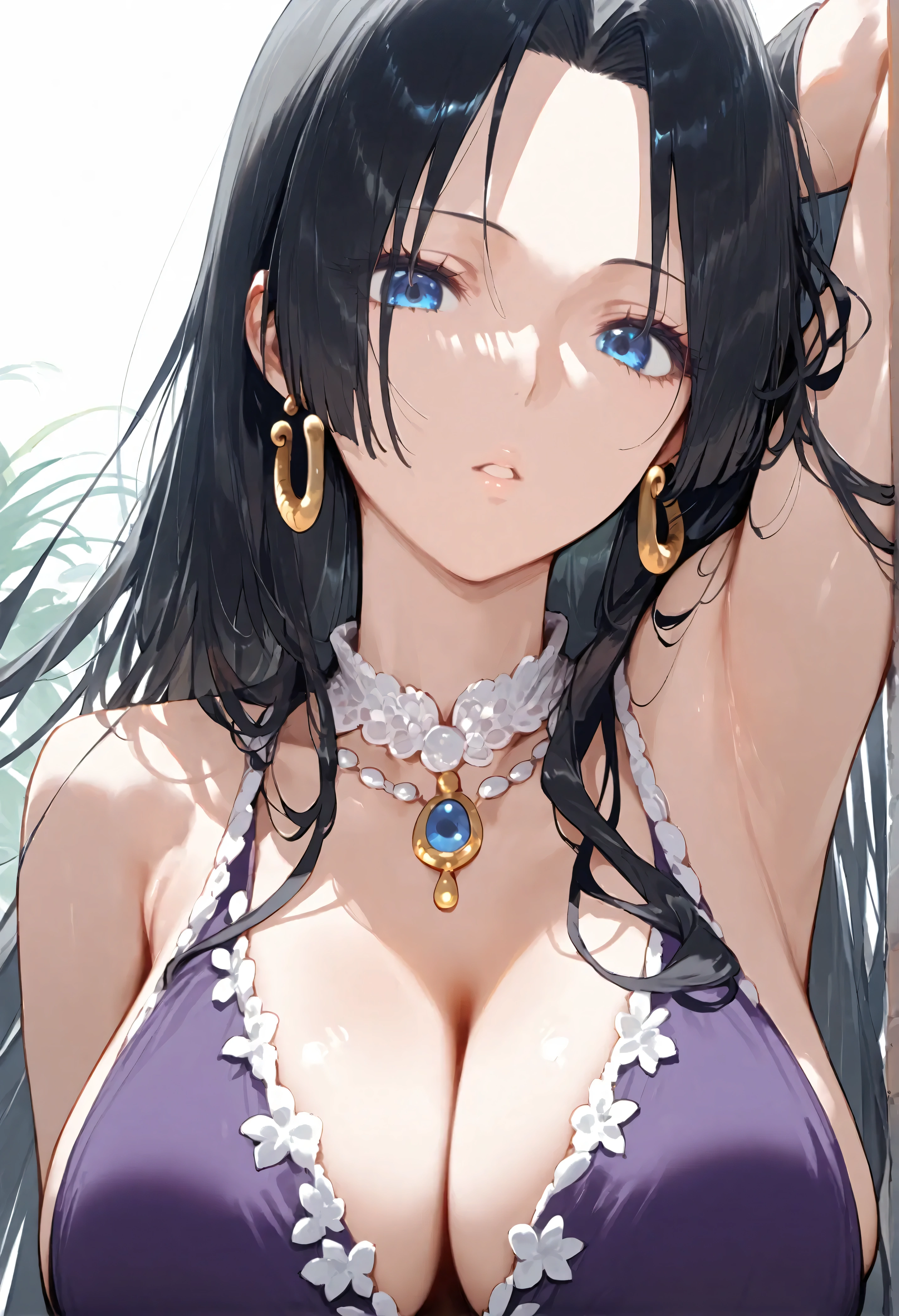 score_9, score_8_up, score_7_up, source_anime, 1girl, breasts, boa hancock, dress, jewelry, blue eyes, earrings, long hair, black hair, solo, armpits, purple dress, looking at viewer, arms up, cleavage, from below, large breasts, sleeveless, arms behind head, sleeveless dress, parted lips, huge breasts, looking down, very long hair