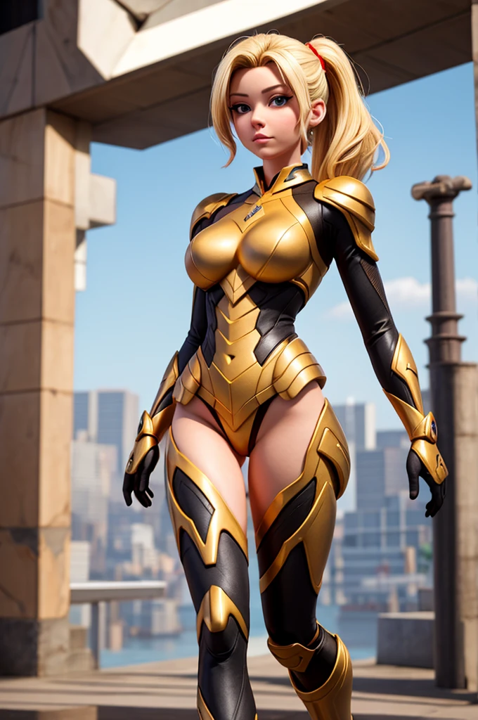 Blonde sexy girl , wearing a sexy red and gold hero armor,  electronic futuristic outfit 