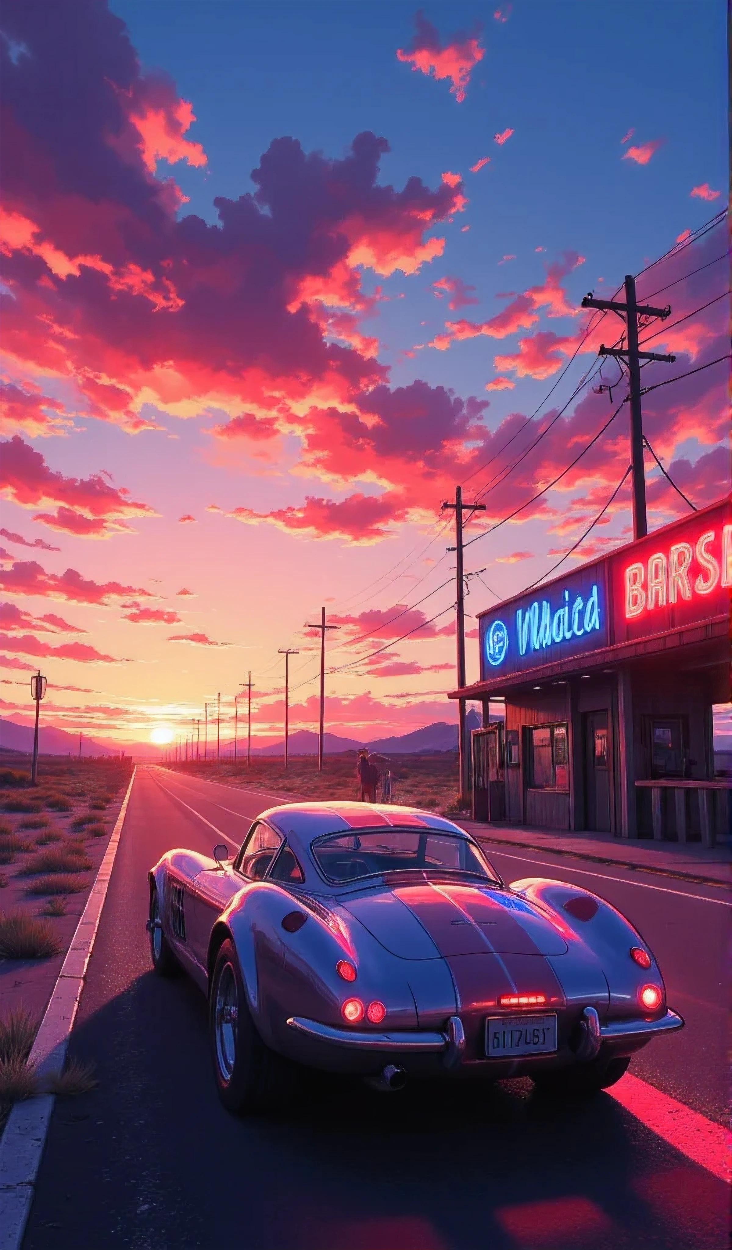 " A deserted and straight highway , inspired by the iconic Route 66 , extends to infinity under a vibrant sky , painted with dramatic shades of orange , pink and purple at sunset. next to the road, there is an old gas station , worn by time, with neon signs in shades of blue and red , emitting a magical and retro light . Lens In the foreground, a classic sports car — with a metallic paint that reflects the intense colors of the sky — is parked, back to the viewer, displaying an elegant and detailed rear , with glowing wheels and rear lights on , as if ready to set off at high speed . The surrounding environment exudes an almost supernatural glow , with elongated shadows and vivid reflections that give off an air surreal and enchanting to the scene ."
Stamble diffuser .
neon effect.
(anime style 32K, HDR, UHD, intricate detail, extremely intricate detail, hyperrealistic, extremely realistic, high quality, vivid color, extremely detailed).