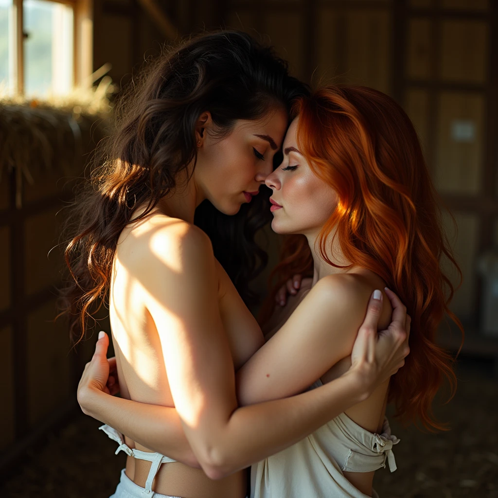 The Lord of the Rings style 1 woman Eowyn Miranda Otto and 1 woman  Arwen Liv Tailor undressing (naked pubic hair ) kissing lingering  on a the bed waiting in Rohan 