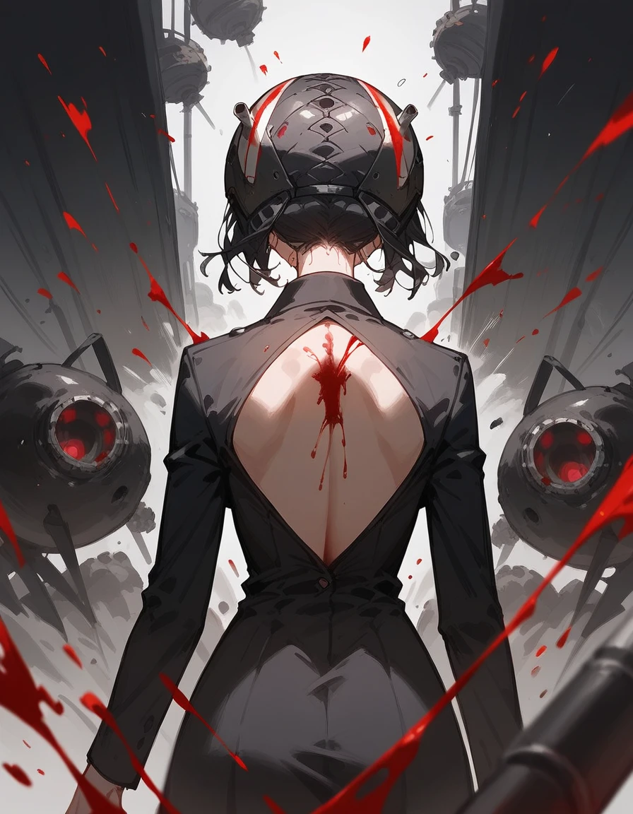 Person1,BOMB HEAD,Black suit,Stand with your back turned,Smile faintly,Tears flowing,Back view,blood,woman