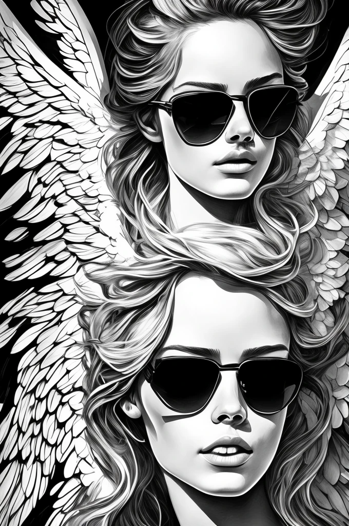 Angel with sunglasses portrait,   one head expresionism, drawing style, sketch, artistic composition, black and white 