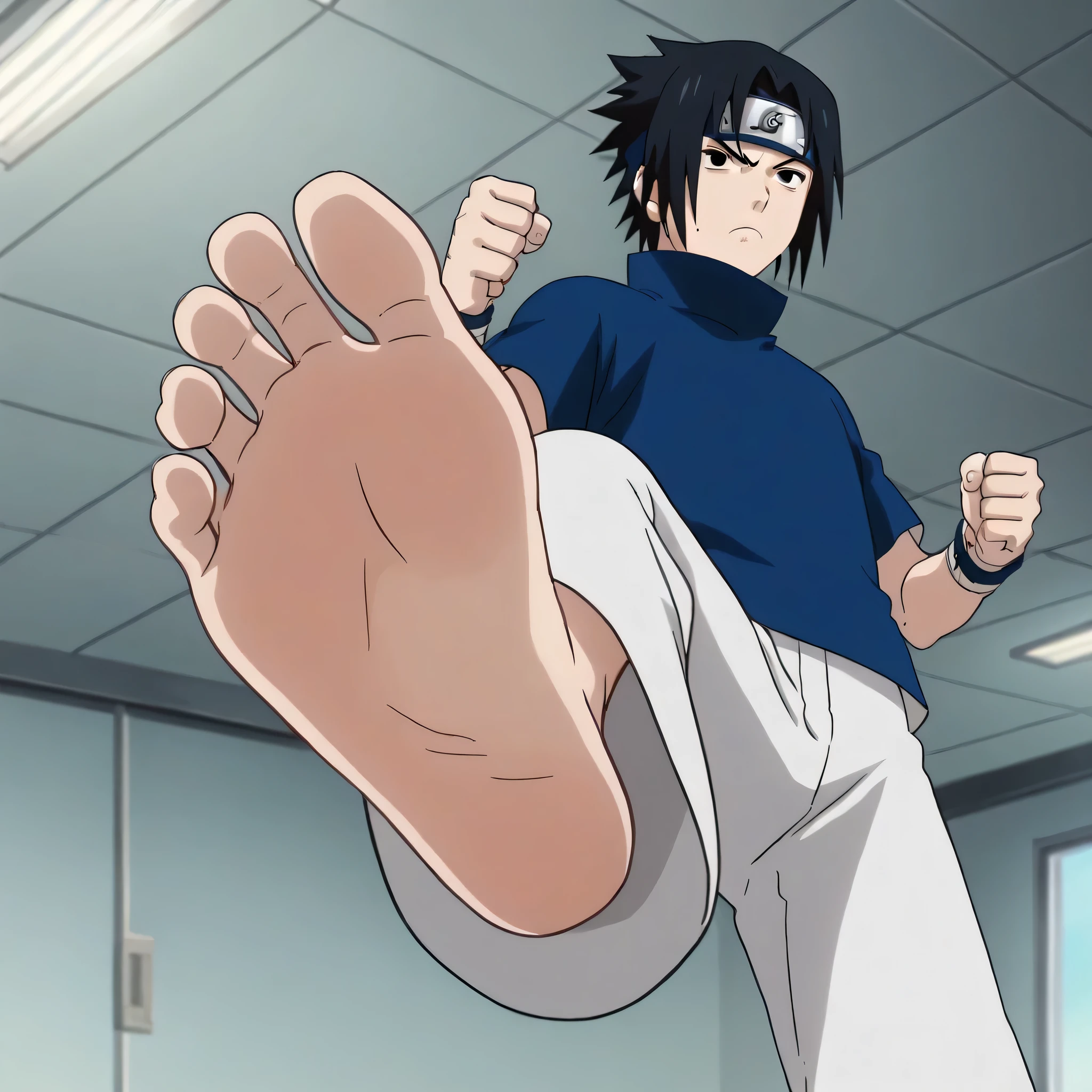 score_9, score_8_up, source_anime,
1boy, Sasuke Uchiha, black hair, short spiky hair, dark eyes, navy blue high-collar shirt, short sleeves, white trousers, clenched hands, alone, looking at viewer, serious expression, standing, cowboy shot, ANIME SCREENCAP, anime coloring, in the hospital, barefoot, perfect feet, anatomically correct, soles, low angle, focal length 35mm, each foot has five toes, front, symmetrical soles, foot focus