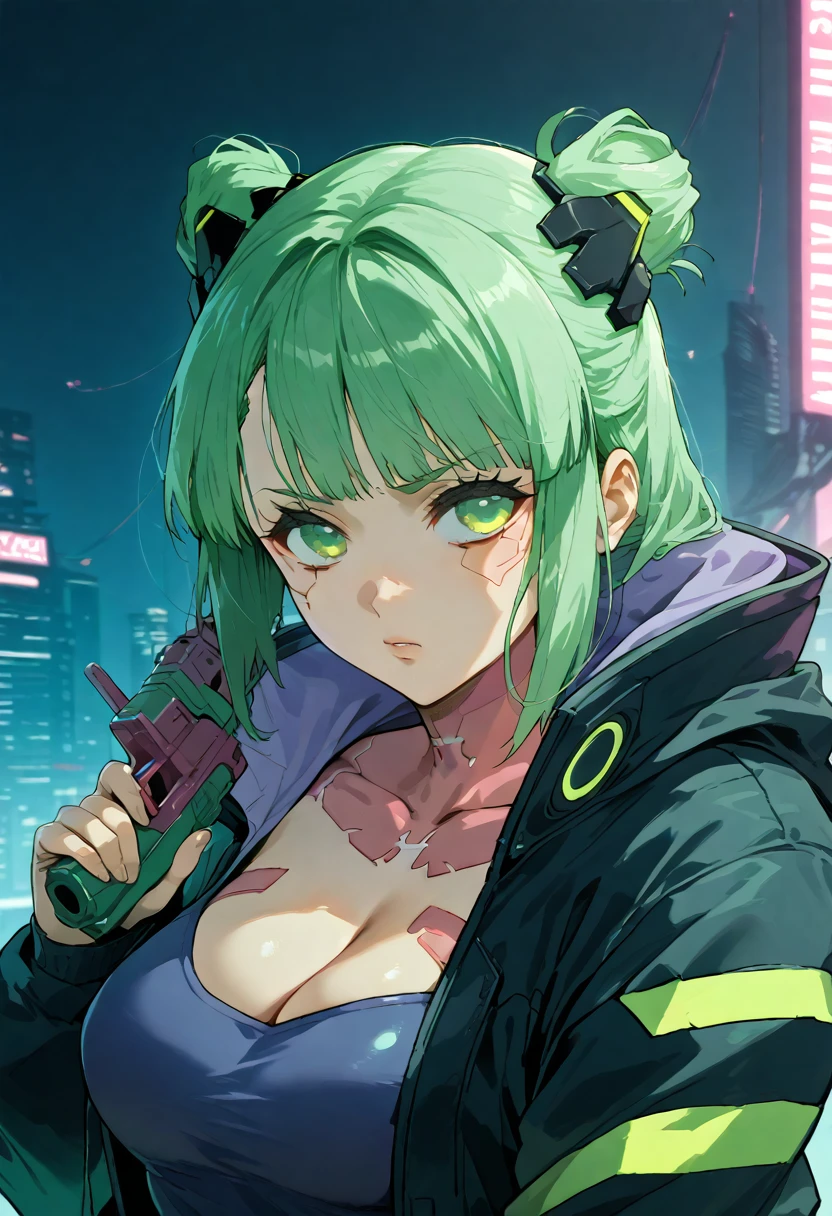 a woman with green eyes and a black jacket holding a gun, anime cyberpunk art, cyberpunk anime girl, best anime 4k konachan wallpaper, cyberpunk anime girl mech, female cyberpunk anime girl, cyberpunk anime art, anime style 4 k, digital cyberpunk anime art, cyberpunk anime girl in hoodie, anime wallpaper 4k, anime wallpaper 4 k, anime cyberpunk