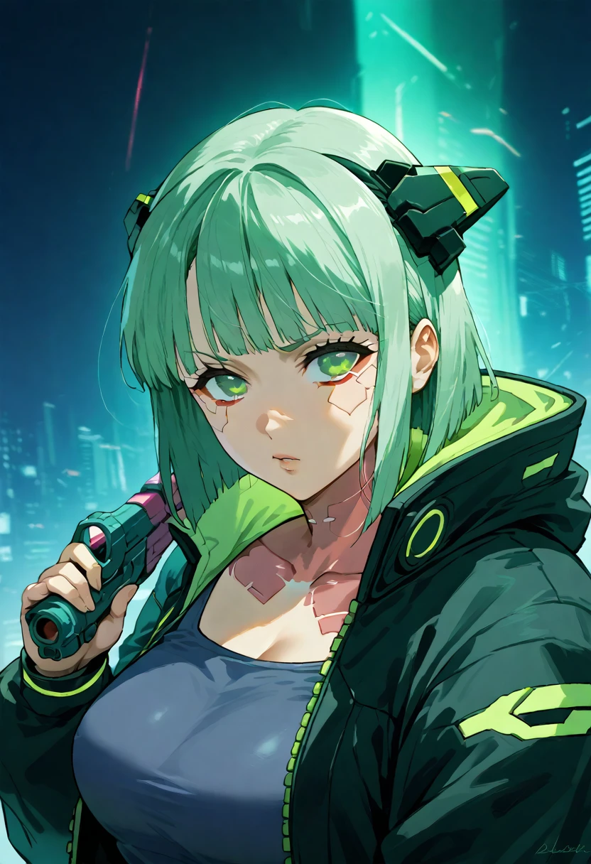 a woman with green eyes and a black jacket holding a gun, anime cyberpunk art, cyberpunk anime girl, best anime 4k konachan wallpaper, cyberpunk anime girl mech, female cyberpunk anime girl, cyberpunk anime art, anime style 4 k, digital cyberpunk anime art, cyberpunk anime girl in hoodie, anime wallpaper 4k, anime wallpaper 4 k, anime cyberpunk