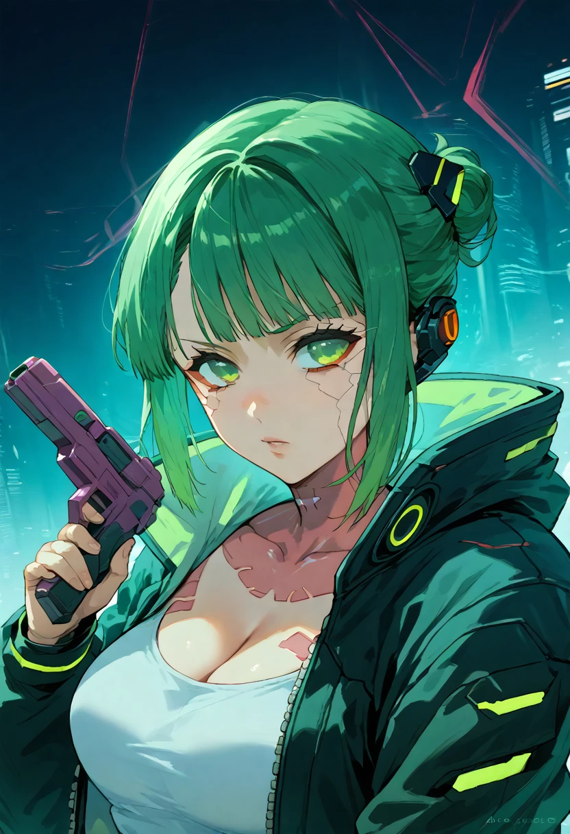 a woman with green eyes and a black jacket holding a gun, anime cyberpunk art, cyberpunk anime girl, best anime 4k konachan wallpaper, cyberpunk anime girl mech, female cyberpunk anime girl, cyberpunk anime art, anime style 4 k, digital cyberpunk anime art, cyberpunk anime girl in hoodie, anime wallpaper 4k, anime wallpaper 4 k, anime cyberpunk