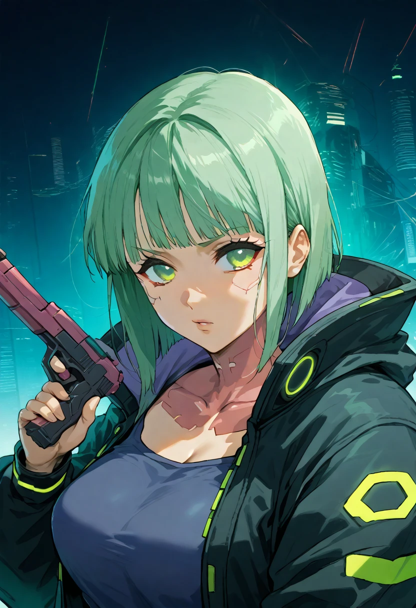 a woman with green eyes and a black jacket holding a gun, anime cyberpunk art, cyberpunk anime girl, best anime 4k konachan wallpaper, cyberpunk anime girl mech, female cyberpunk anime girl, cyberpunk anime art, anime style 4 k, digital cyberpunk anime art, cyberpunk anime girl in hoodie, anime wallpaper 4k, anime wallpaper 4 k, anime cyberpunk