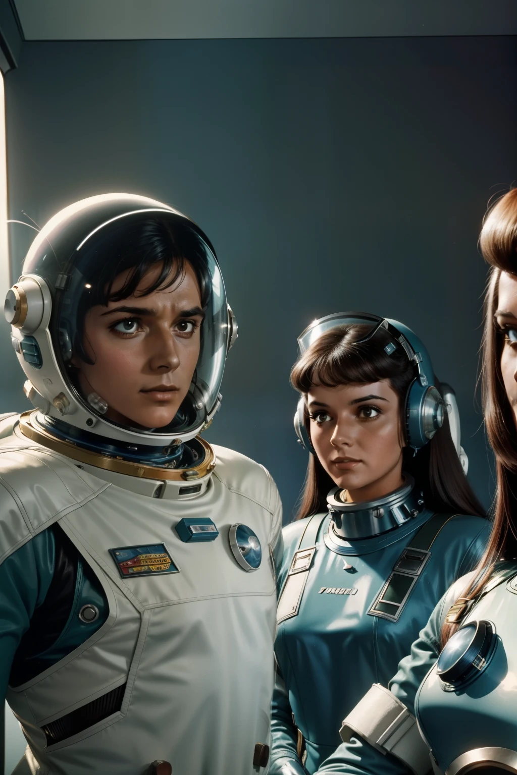 Two women in spacesuits stand next to a man in a space suit, Retro Sci - Imagem de FI, 1 9 6 0's sci - fi, 7 0's vintage sci - estilo fi, retro science fiction film, 7 0 s science fiction, Retro Sci - Science fiction film, 1 9 7 0's sci - fi movie
