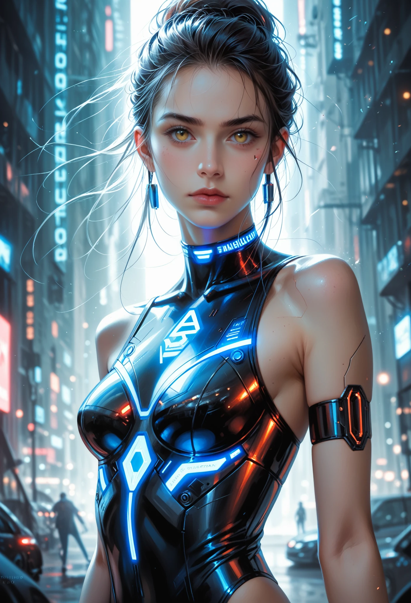 score_9, score_8_up, score_7_up, score_6_up, score_5_up, score_4_up, (super realistic photo:1.6), beautiful digital paint, Beautiful detailed realistic digital art, A highly detailed yellow eyed blue android girl and stunning scarlet vampire girl standing side by side in a futuristic 2200 year old sci-fi world, intricate cyberpunk setting, dramatic lighting, cinematic composition, intense colors, chiaroscuro, moody atmosphere, photorealistic, 8k, masterpiece, ultra-detailed, extremely detailed facial features, realistic skin textures, advanced android technology, flowing clothes, complex background elements, neon lights, holographic displays, advanced architecture, dynamic poses, powerful and mysterious