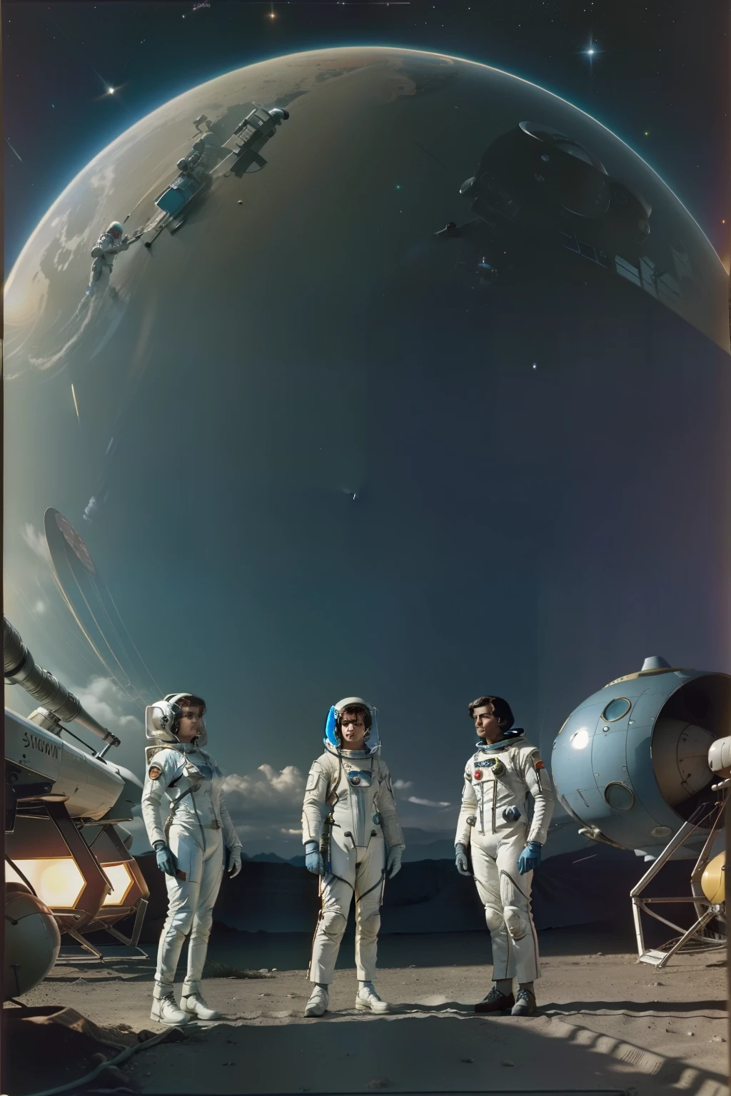 Two women in spacesuits stand next to a man in a space suit, Retro Sci - Imagem de FI, 1 9 6 0's sci - fi, 7 0's vintage sci - estilo fi, retro science fiction film, 7 0 s science fiction, Retro Sci - Science fiction film, 1 9 7 0's sci - fi movie
